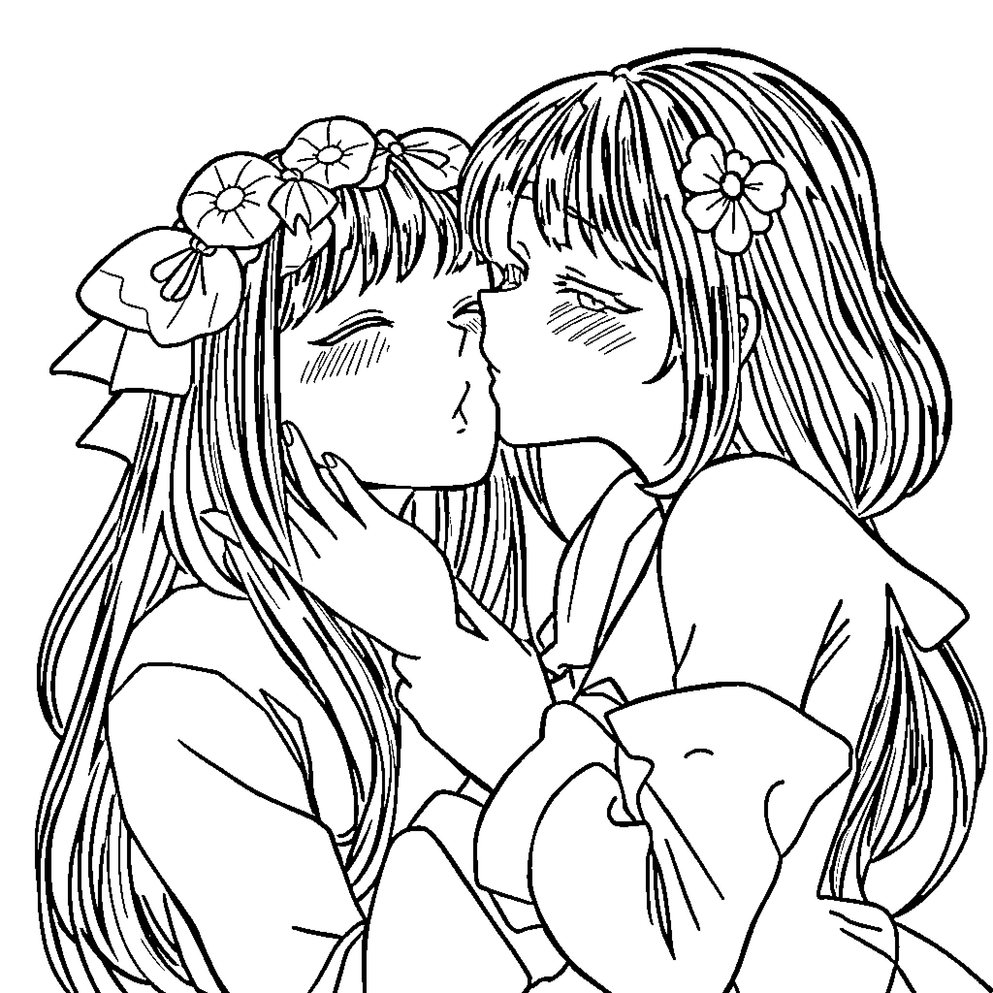 Momo's Tender Embrace Coloring Page (free black-and-white line drawing printable PDF for all, from beginners to advanced learners, including children, teens, adults, and seniors)