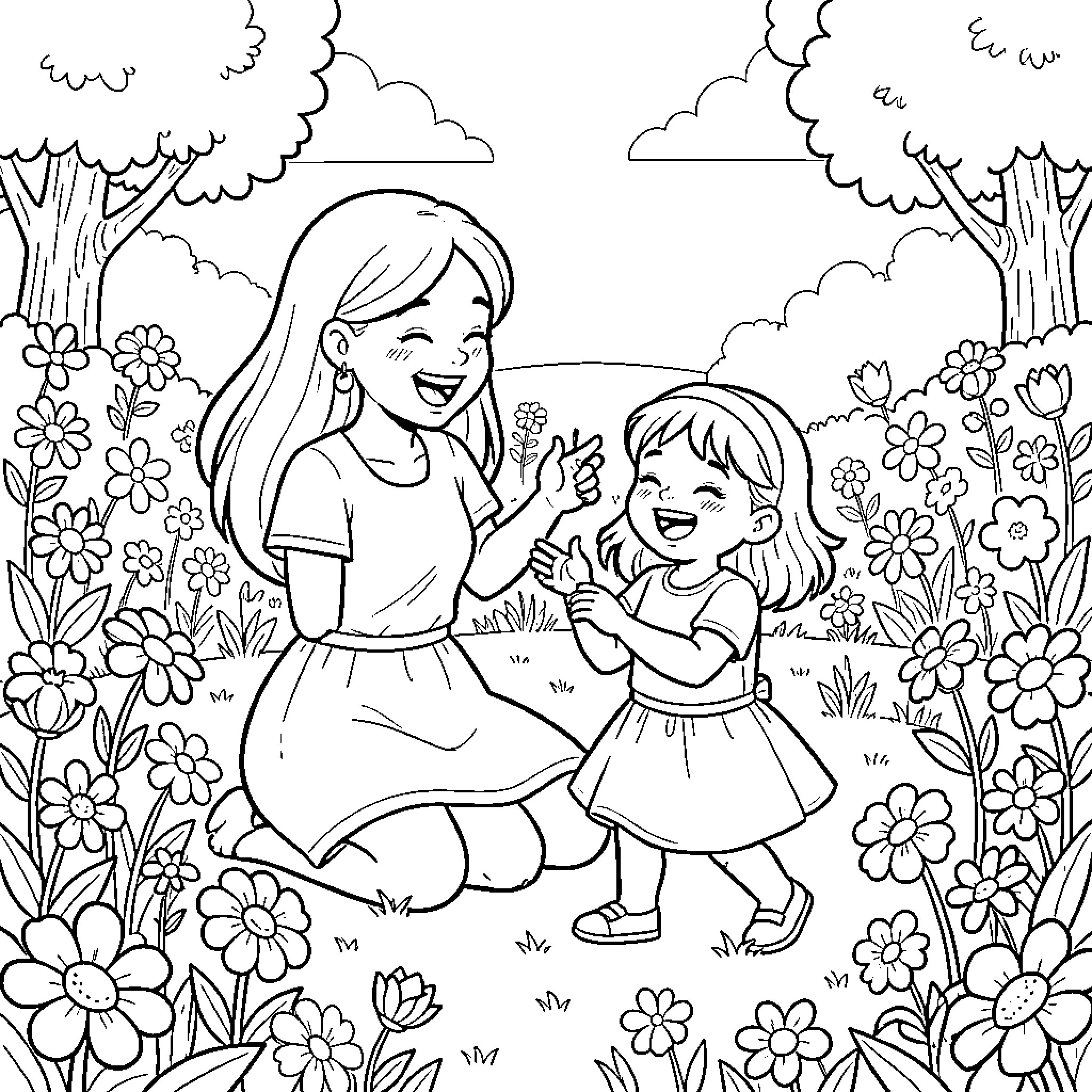 Mother and daughter enjoying nature together Coloring Page (free black-and-white line drawing printable PDF for all, from beginners to advanced learners, including children, teens, adults, and seniors)