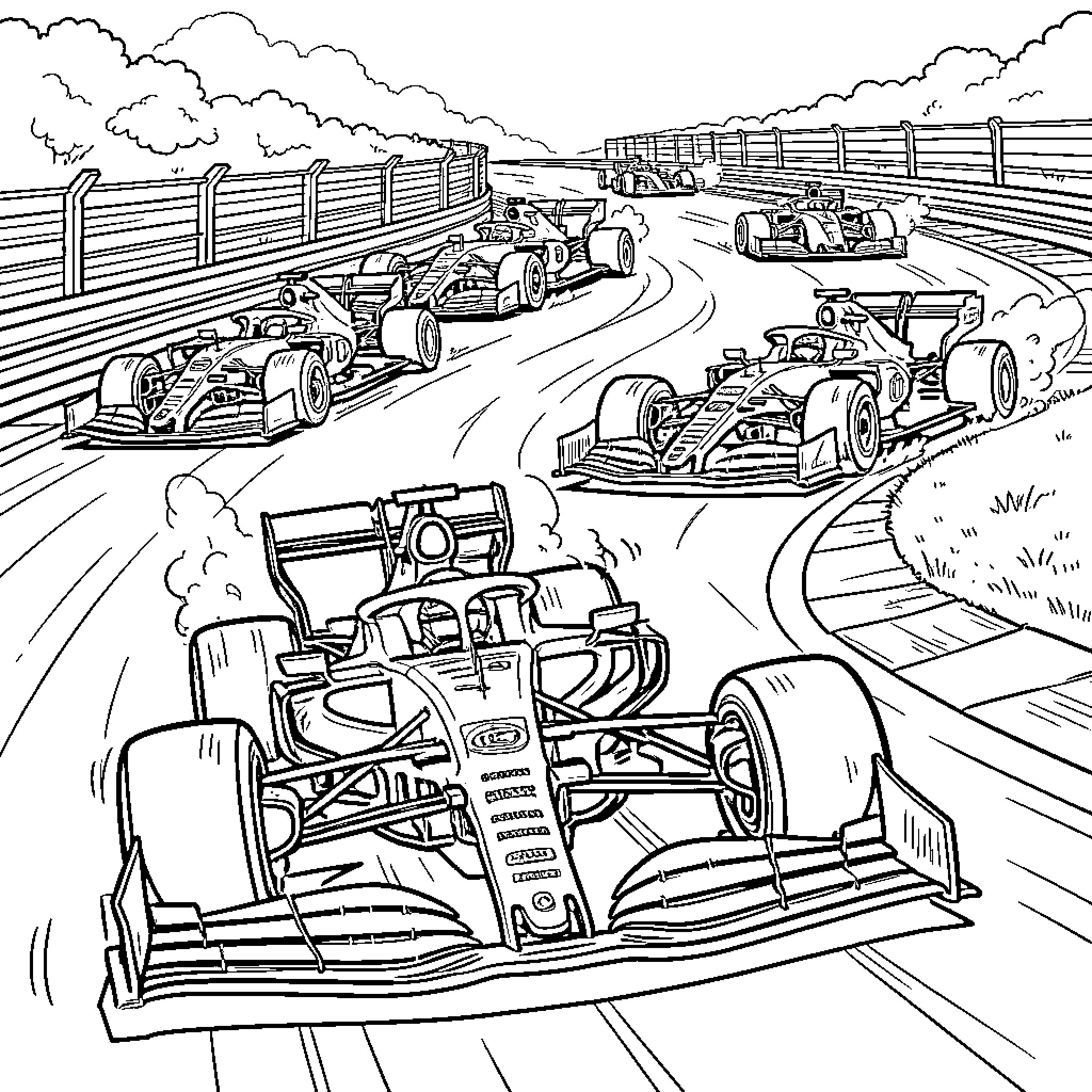 Formula 1 Race Cars Speeding on the Track Coloring Page (free black-and-white line drawing printable PDF for all, from beginners to advanced learners, including children, teens, adults, and seniors)