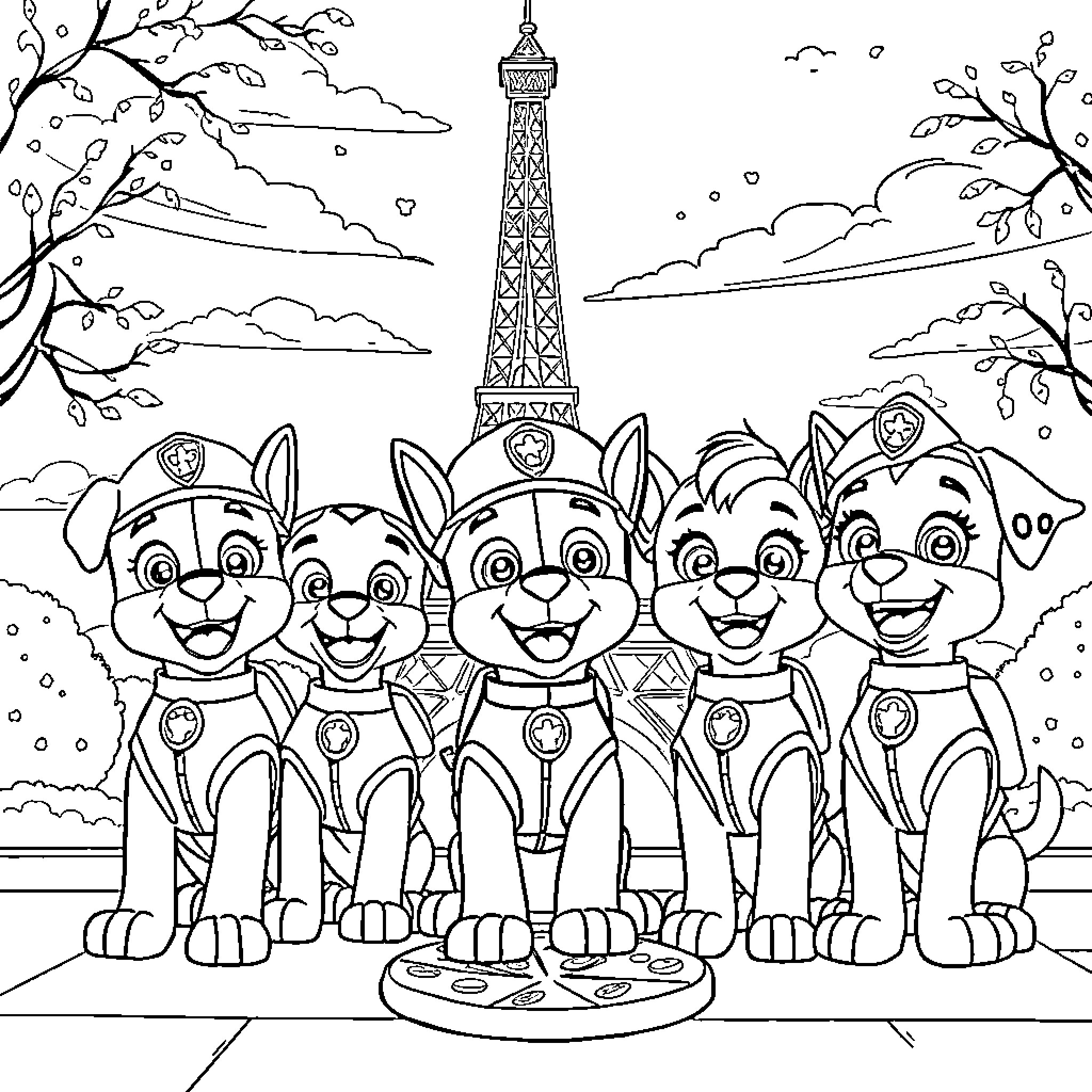 Paw Patrol pups explore the Eiffel Tower Coloring Page (free black-and-white line drawing printable PDF for all, from beginners to advanced learners, including children, teens, adults, and seniors)