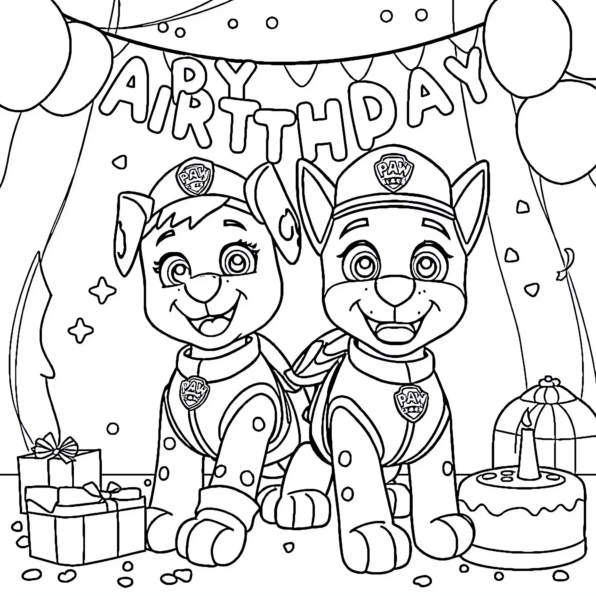 Pyjamasque: Paw Patrol Pals Celebrate Birthday Coloring Page (free black-and-white line drawing printable PDF for all, from beginners to advanced learners, including children, teens, adults, and seniors)