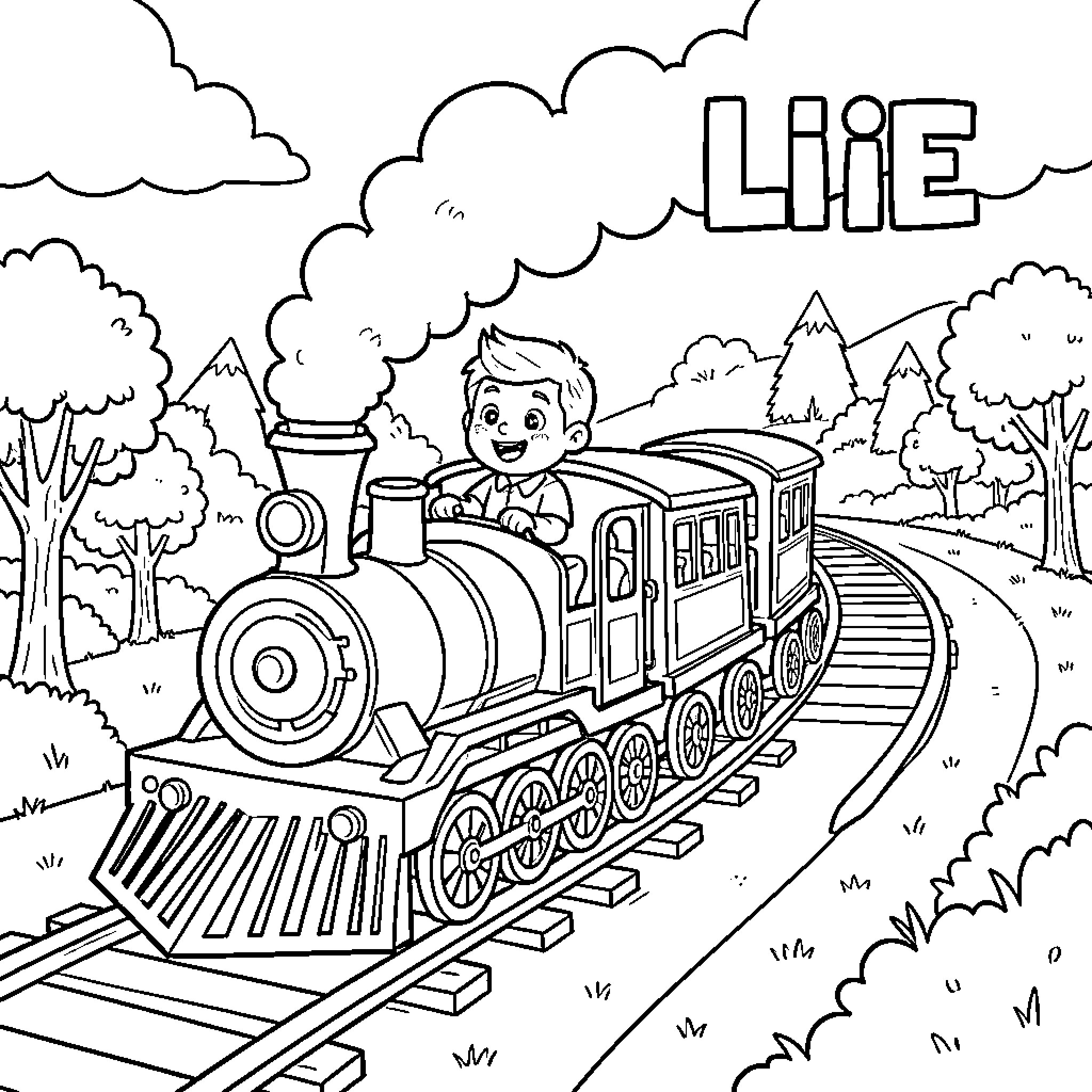 Wobbly Life: Joyful Train Journey Through Nature Coloring Page (free black-and-white line drawing printable PDF for all, from beginners to advanced learners, including children, teens, adults, and seniors)