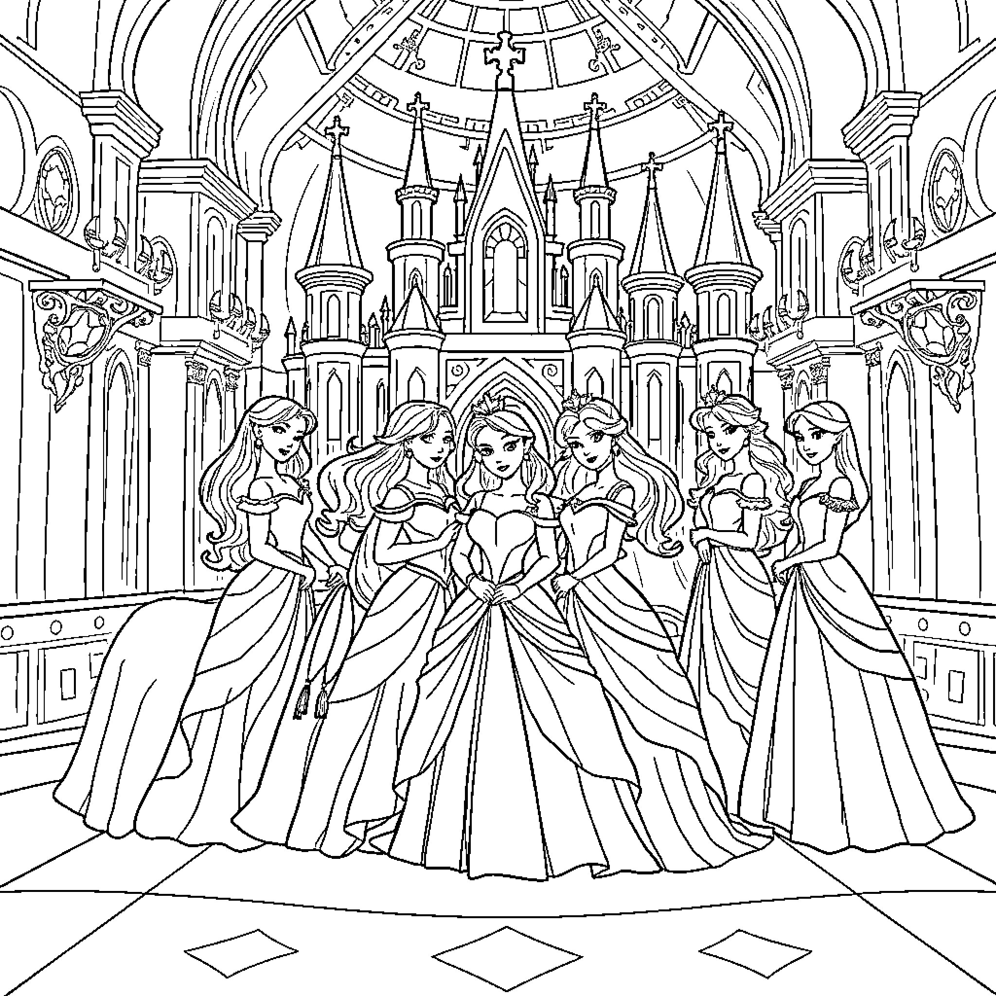 Princess Gathering in a Magical Castle Coloring Page (free black-and-white line drawing printable PDF for all, from beginners to advanced learners, including children, teens, adults, and seniors)