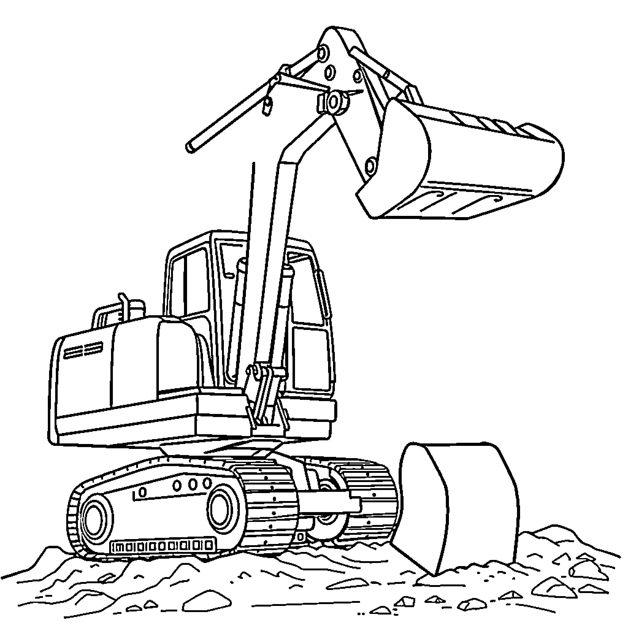 Excavator digging and moving earth on construction site Coloring Page (free black-and-white line drawing printable PDF for all, from beginners to advanced learners, including children, teens, adults, and seniors)