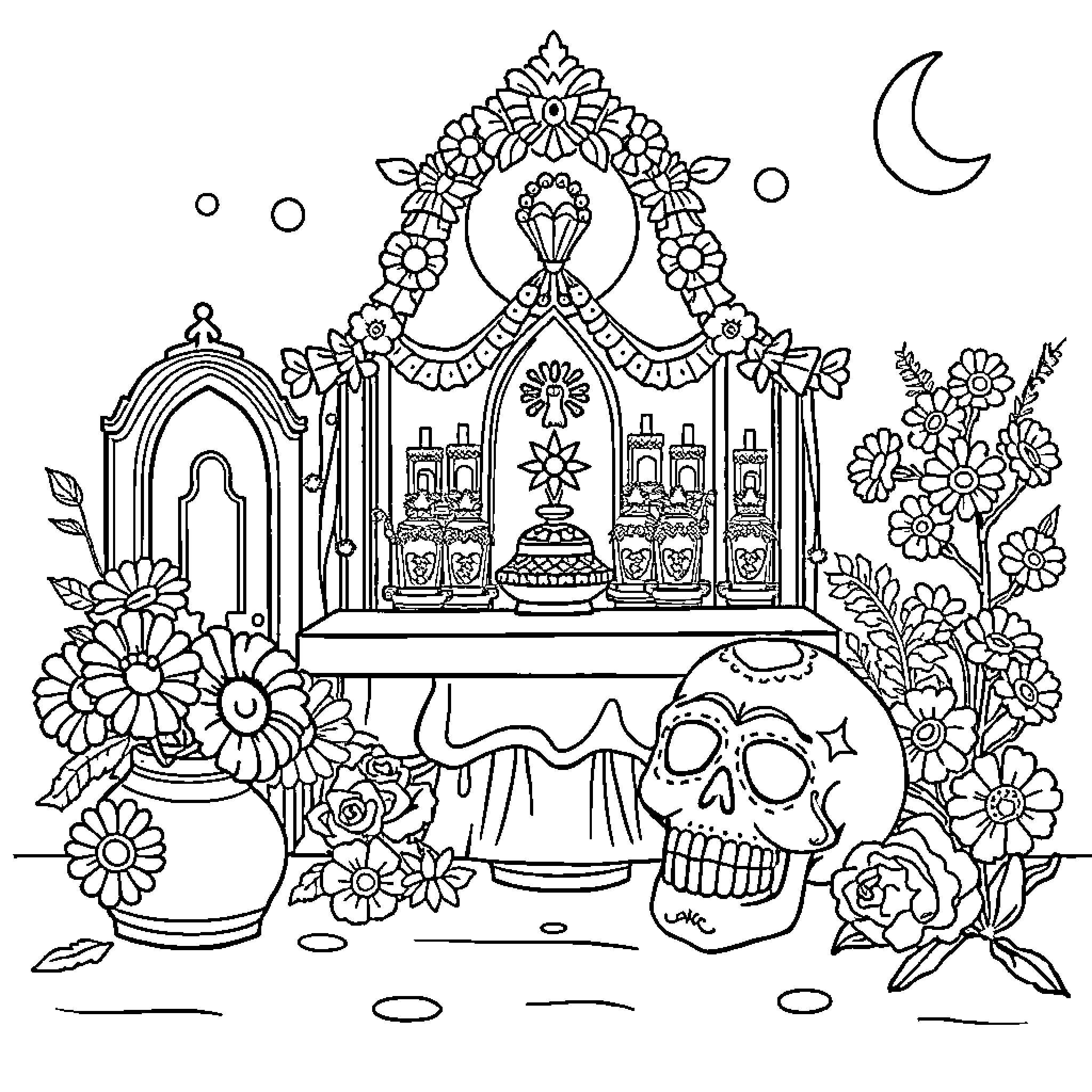 Day of the Dead floral altar with skull decoration Coloring Page (free black-and-white line drawing printable PDF for all, from beginners to advanced learners, including children, teens, adults, and seniors)