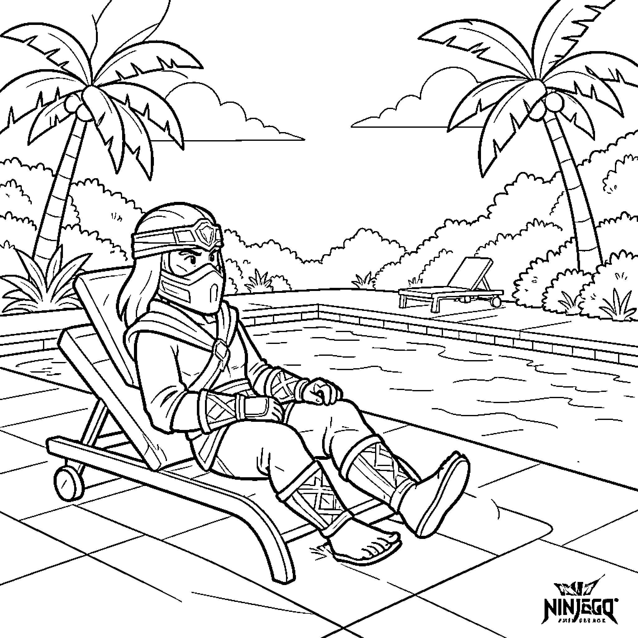 Kai relaxing on a lounge chair by the pool Coloring Page (free black-and-white line drawing printable PDF for all, from beginners to advanced learners, including children, teens, adults, and seniors)