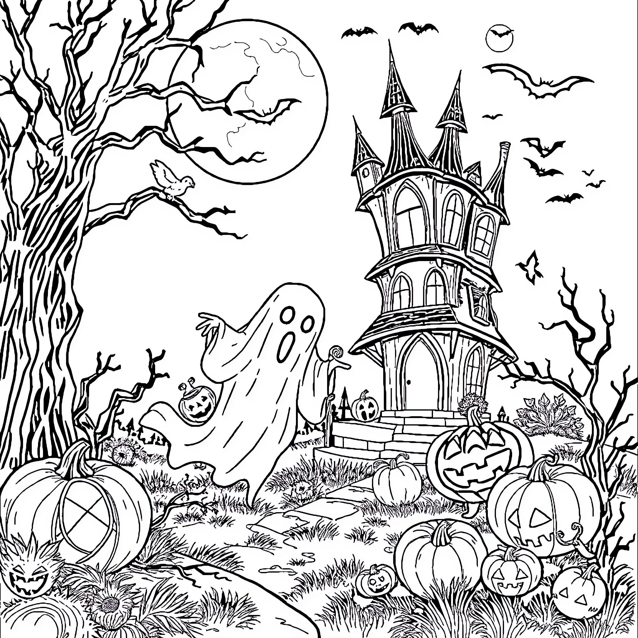 Halloween haunted house and spooky characters Coloring Page (free black-and-white line drawing printable PDF for all, from beginners to advanced learners, including children, teens, adults, and seniors)