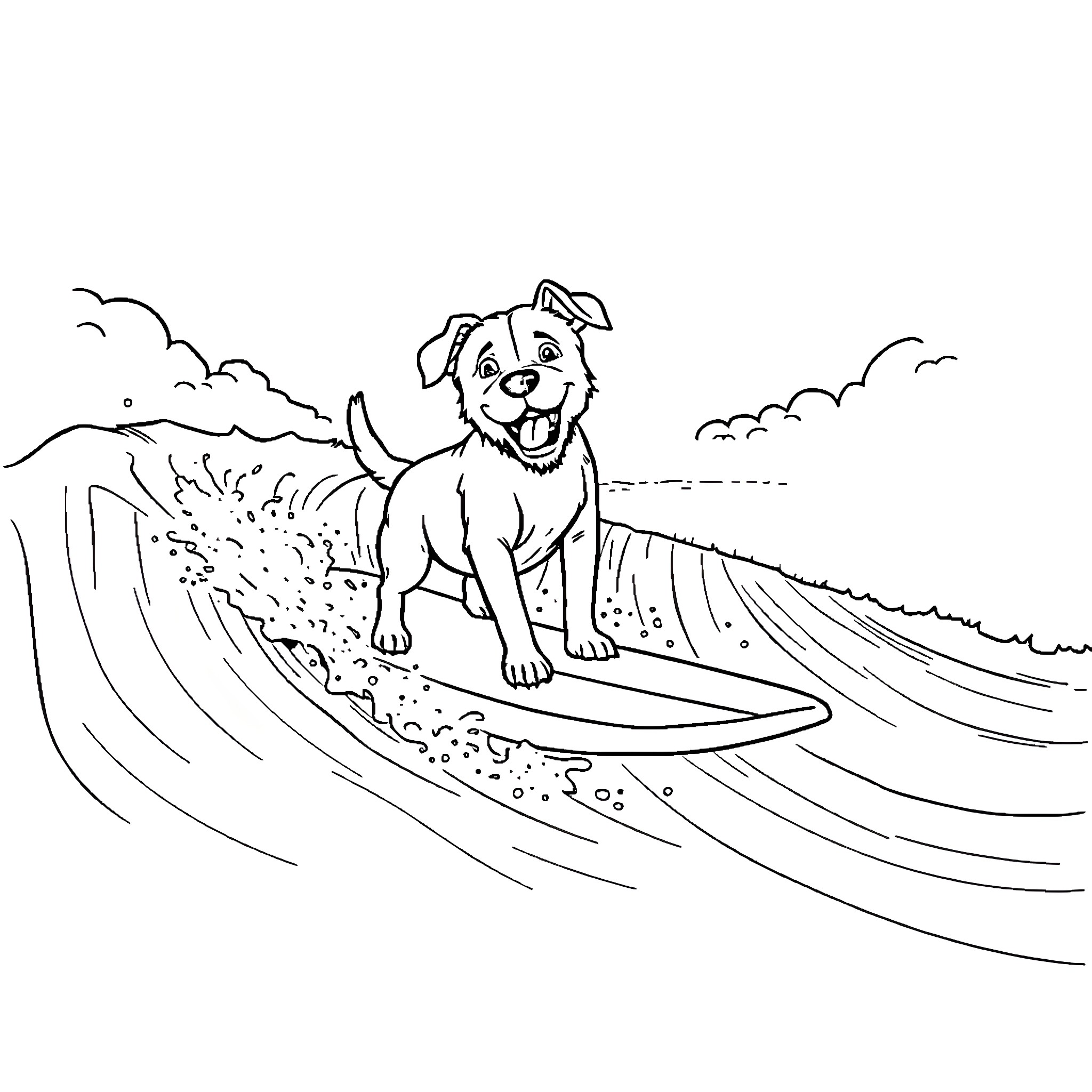 Dog surfing on ocean waves Coloring Page (free black-and-white line drawing printable PDF for all, from beginners to advanced learners, including children, teens, adults, and seniors)
