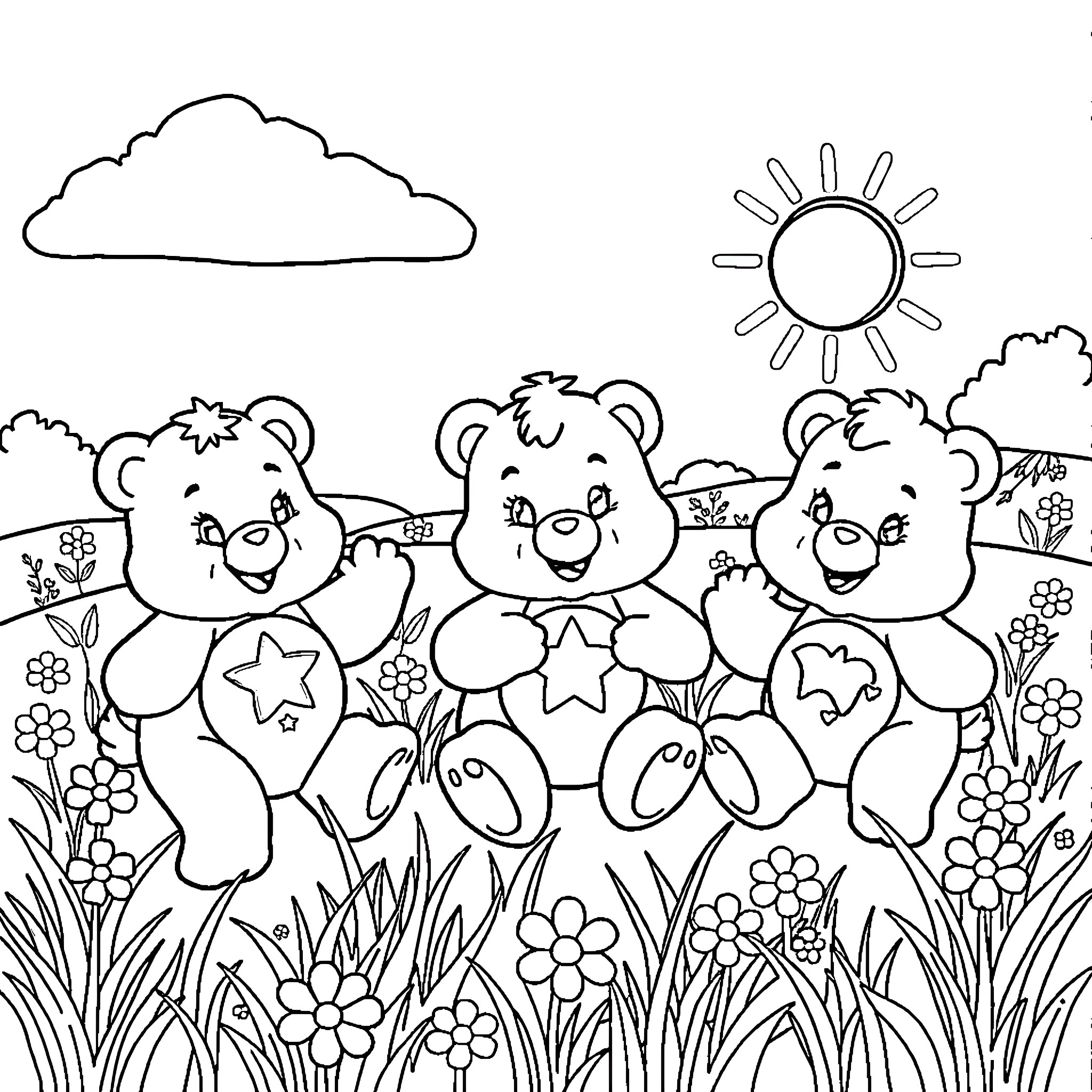 Carebear Friends Enjoying Nature's Beauty Coloring Page (free black-and-white line drawing printable PDF for all, from beginners to advanced learners, including children, teens, adults, and seniors)