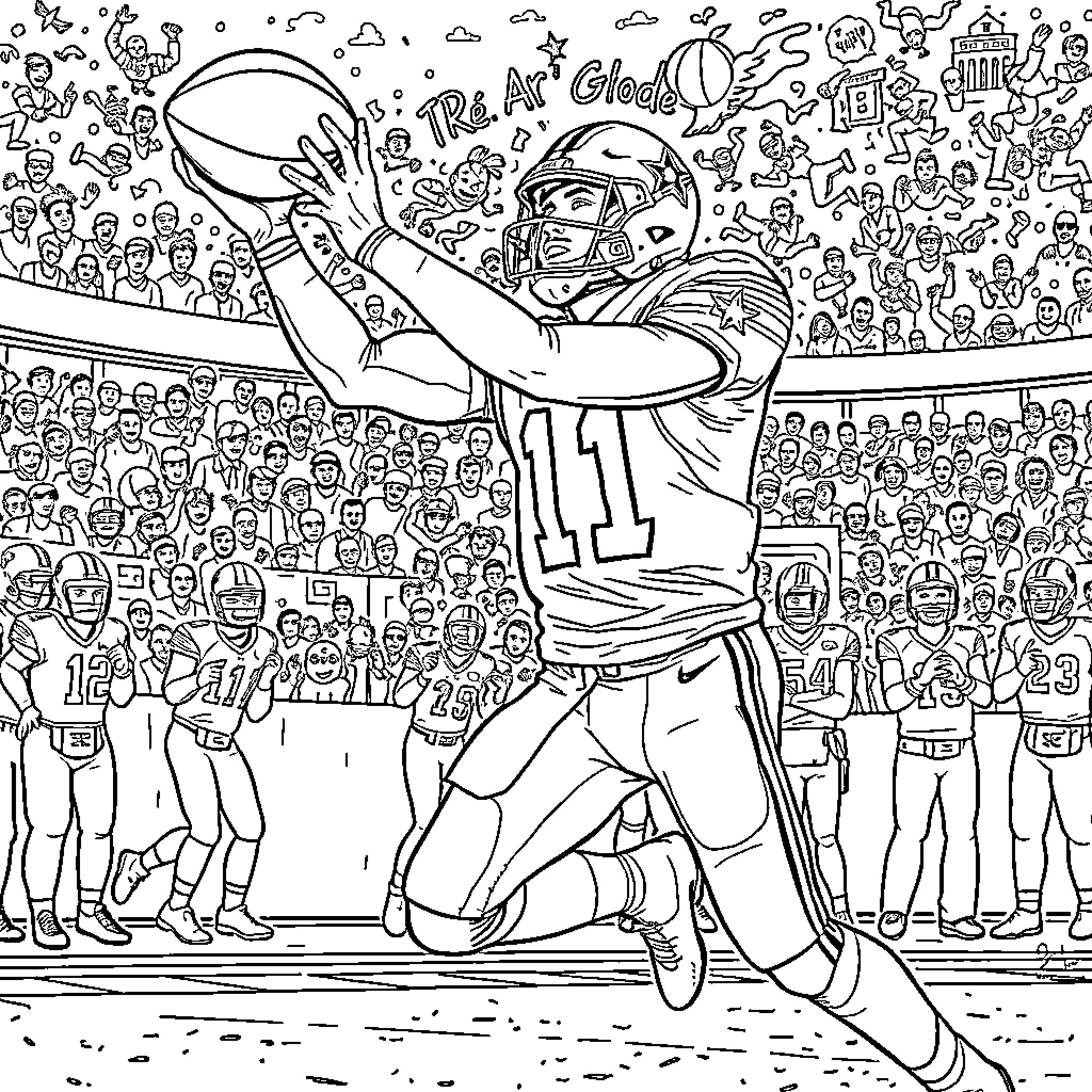 Amon Ra's Triumphant Touchdown in the Stadium Coloring Page (free black-and-white line drawing printable PDF for all, from beginners to advanced learners, including children, teens, adults, and seniors)