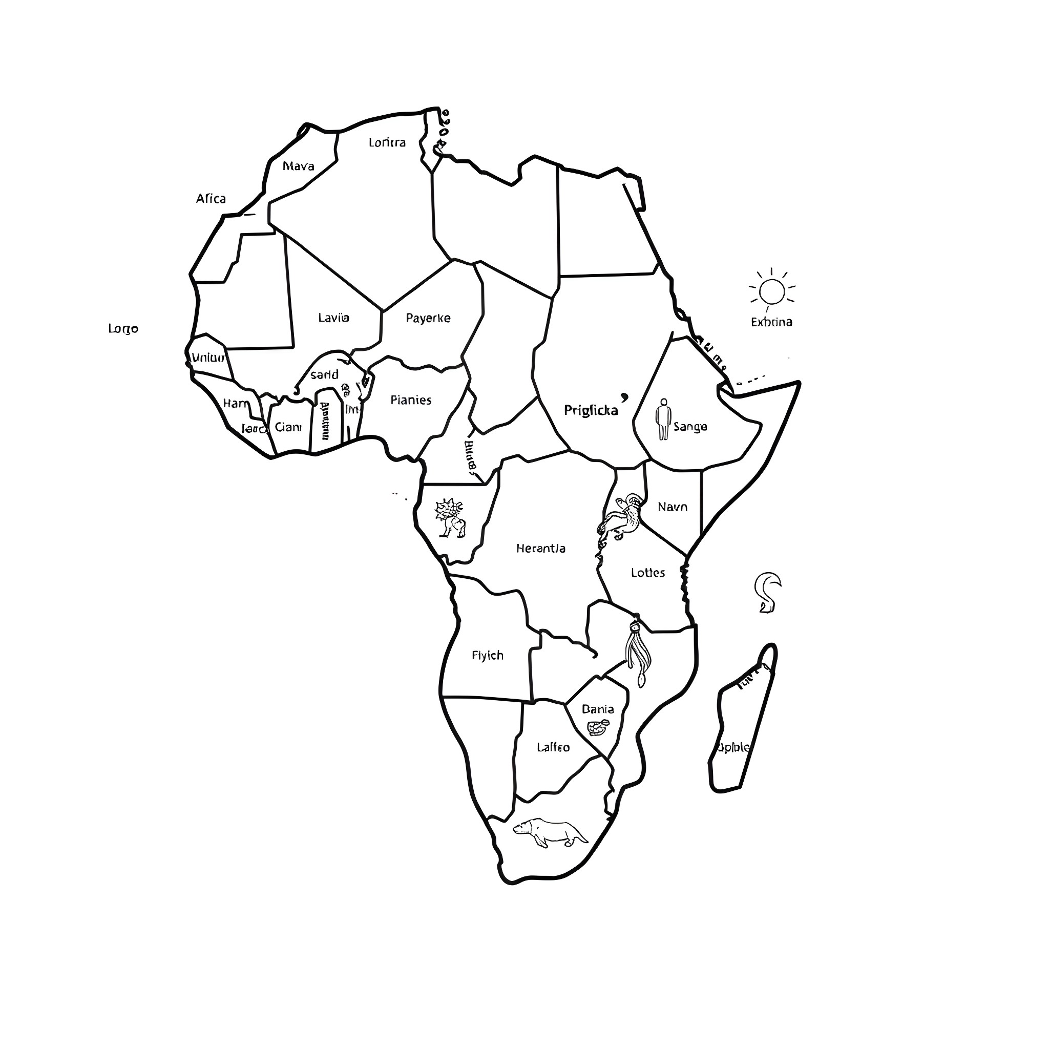 Africa's Diverse Geographic Landscape Coloring Page (free black-and-white line drawing printable PDF for all, from beginners to advanced learners, including children, teens, adults, and seniors)