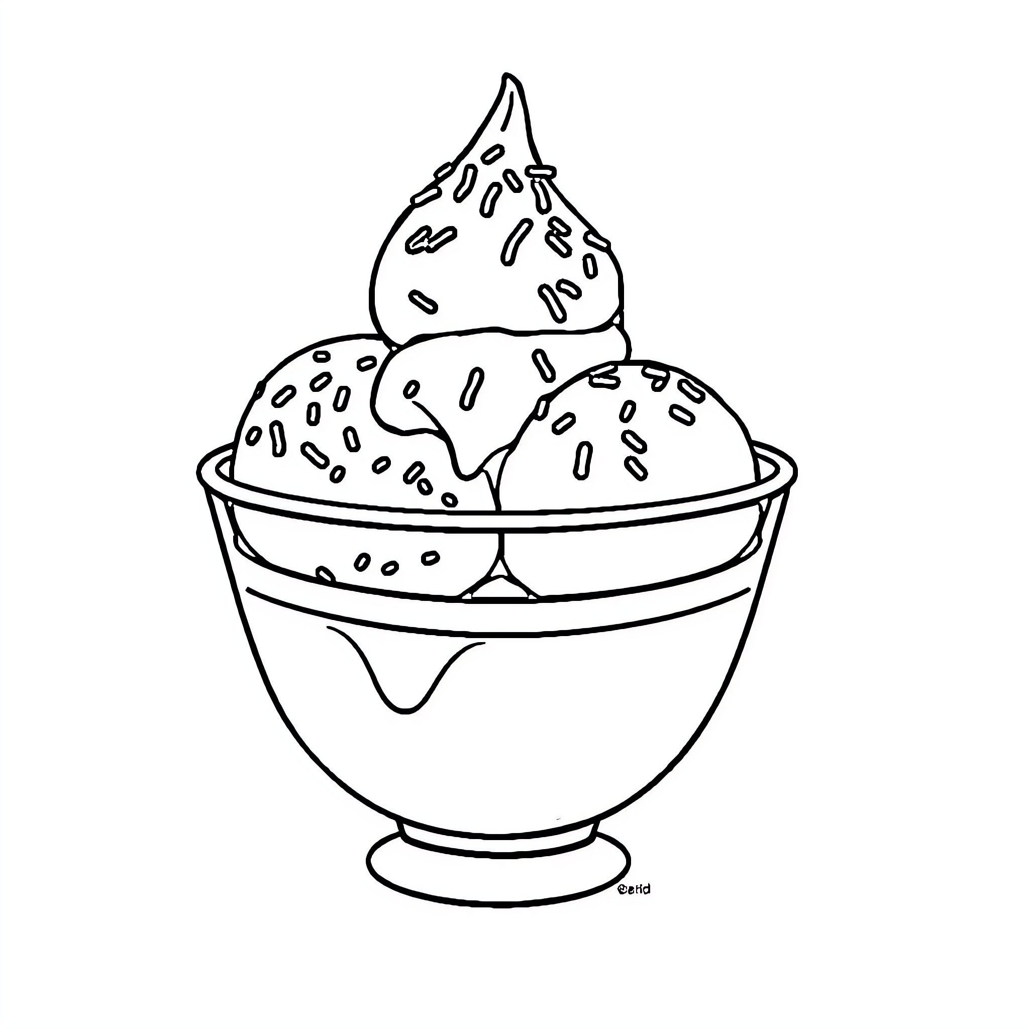 Ice Cream Scoops in a Bowl Coloring Page (free black-and-white line drawing printable PDF for all, from beginners to advanced learners, including children, teens, adults, and seniors)