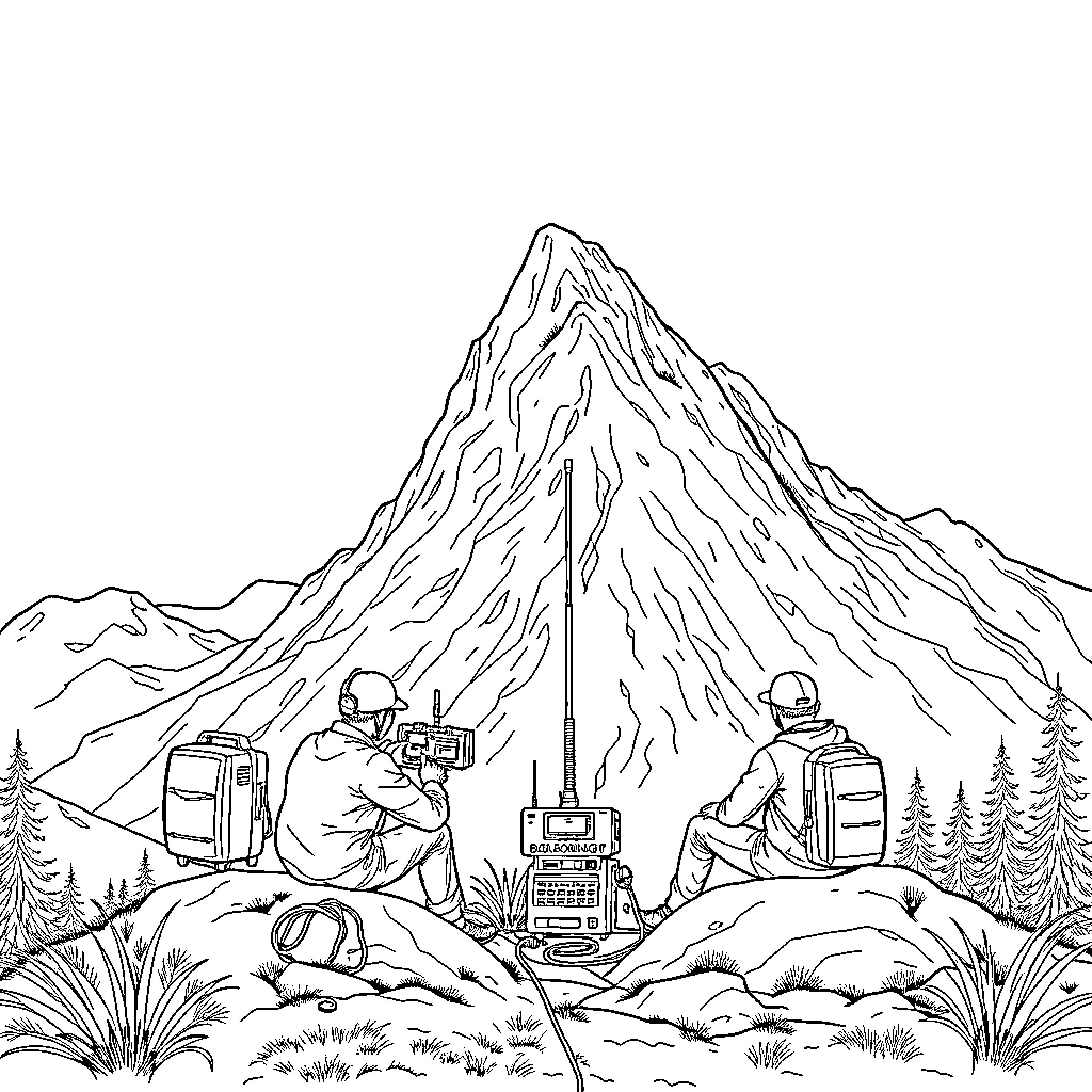 Radio Operators Communicating in the Wilderness Coloring Page (free black-and-white line drawing printable PDF for all, from beginners to advanced learners, including children, teens, adults, and seniors)