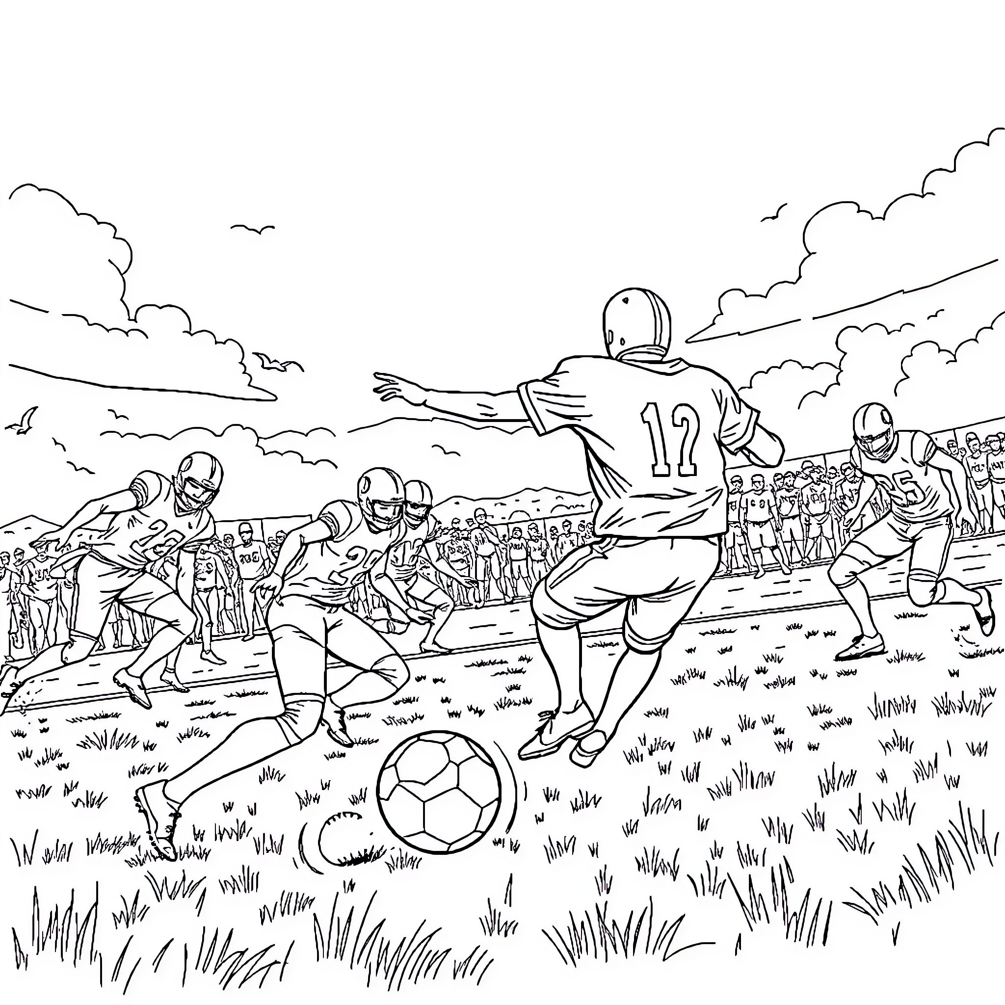 Football players in competitive match on grassy field Coloring Page (free black-and-white line drawing printable PDF for all, from beginners to advanced learners, including children, teens, adults, and seniors)