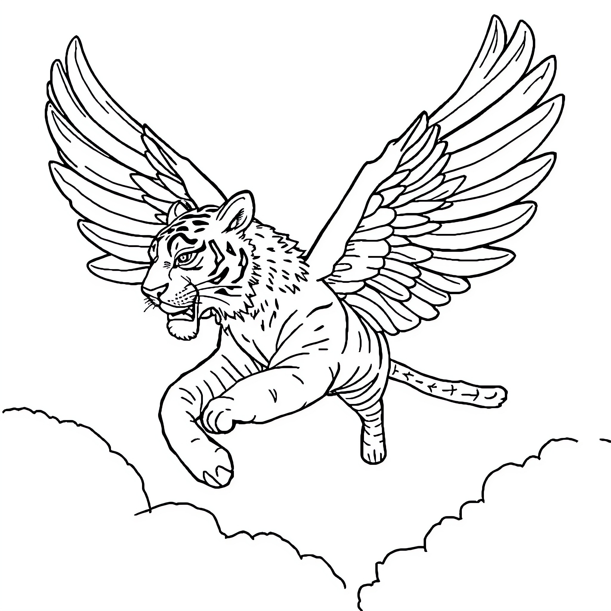 Tiger soaring with majestic wings in the sky Coloring Page (free black-and-white line drawing printable PDF for all, from beginners to advanced learners, including children, teens, adults, and seniors)
