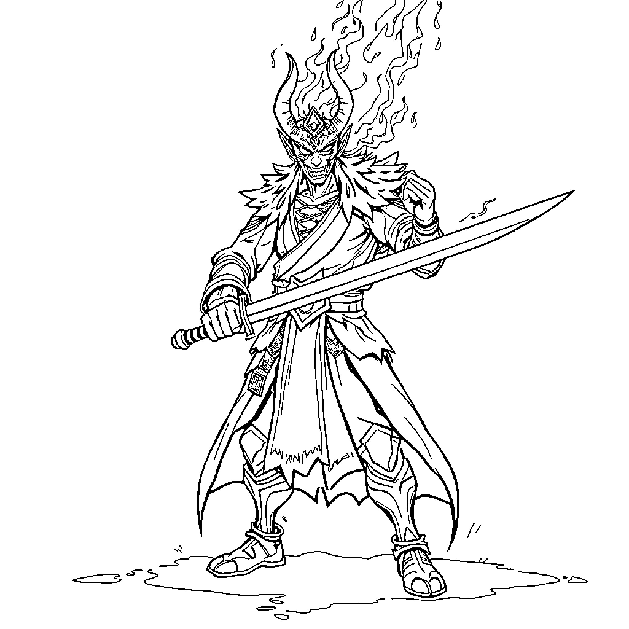 Rengoku in Fierce Battle, Sword Ablaze Coloring Page (free black-and-white line drawing printable PDF for all, from beginners to advanced learners, including children, teens, adults, and seniors)