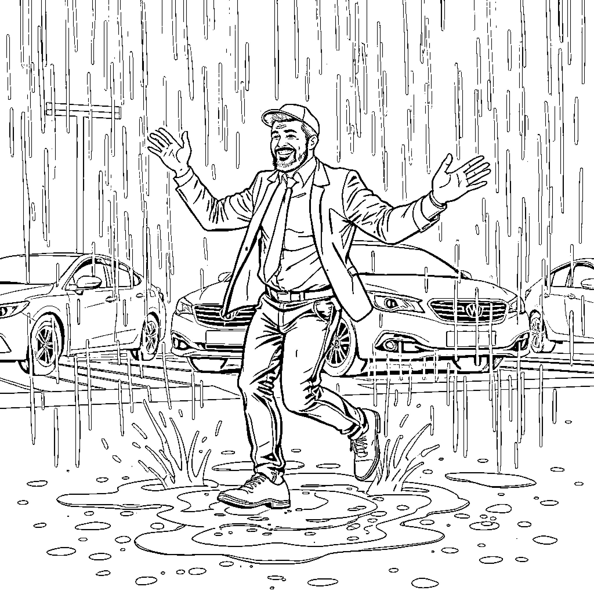 Car salesman celebrating in the rain Coloring Page (free black-and-white line drawing printable PDF for all, from beginners to advanced learners, including children, teens, adults, and seniors)