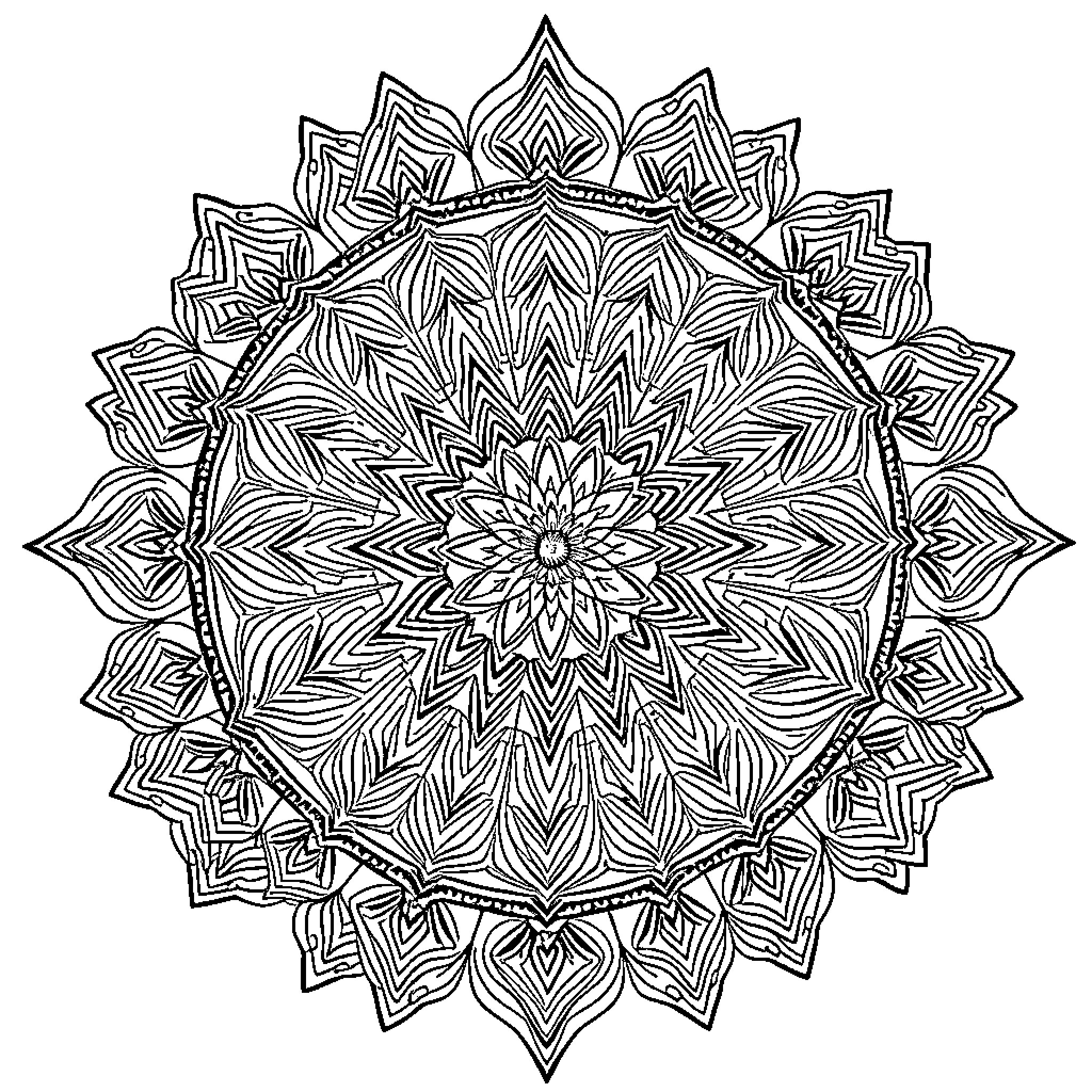 Mandala with intricate floral and geometric patterns Coloring Page (free black-and-white line drawing printable PDF for all, from beginners to advanced learners, including children, teens, adults, and seniors)