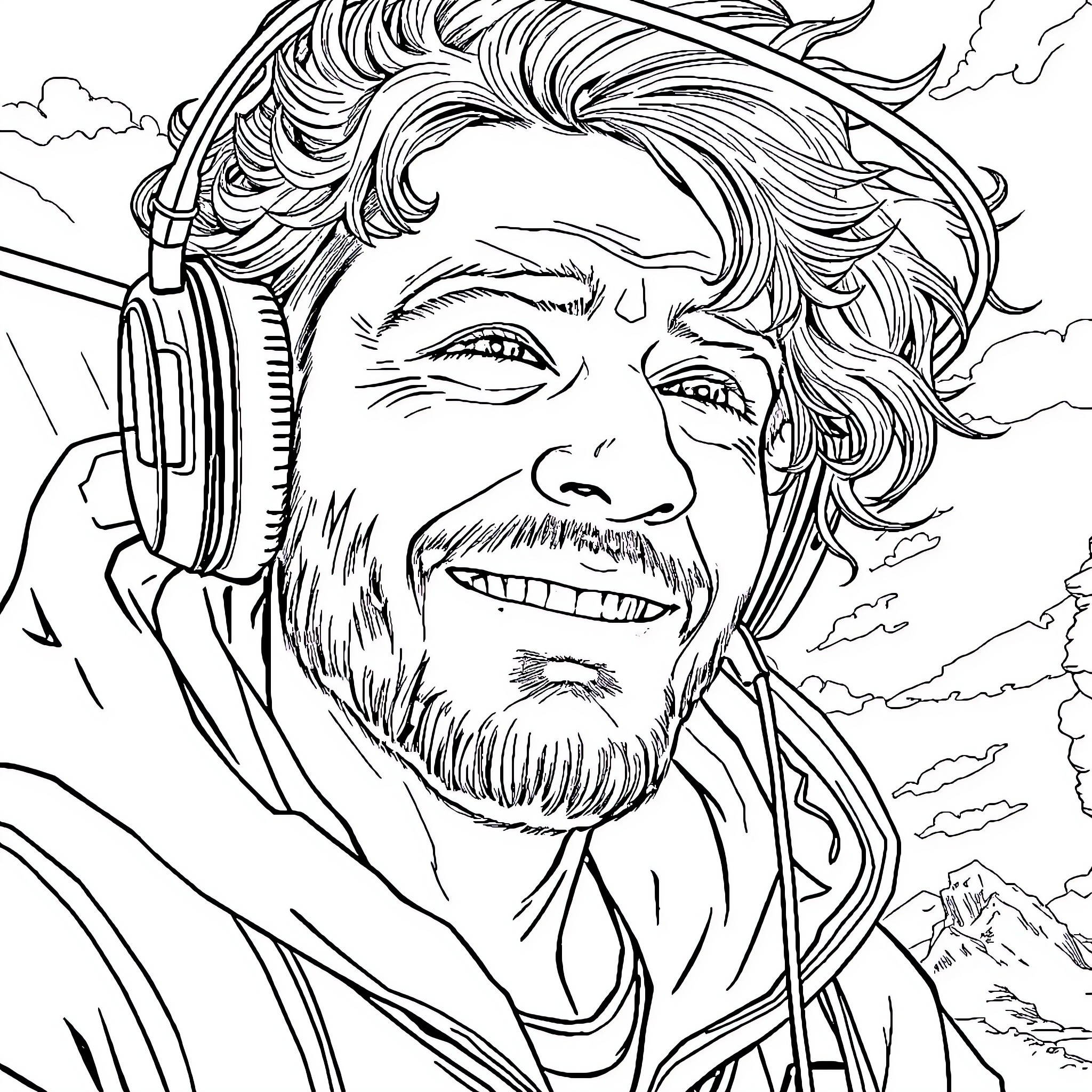 Gamer with Headphones Enjoying the Outdoors Coloring Page (free black-and-white line drawing printable PDF for all, from beginners to advanced learners, including children, teens, adults, and seniors)