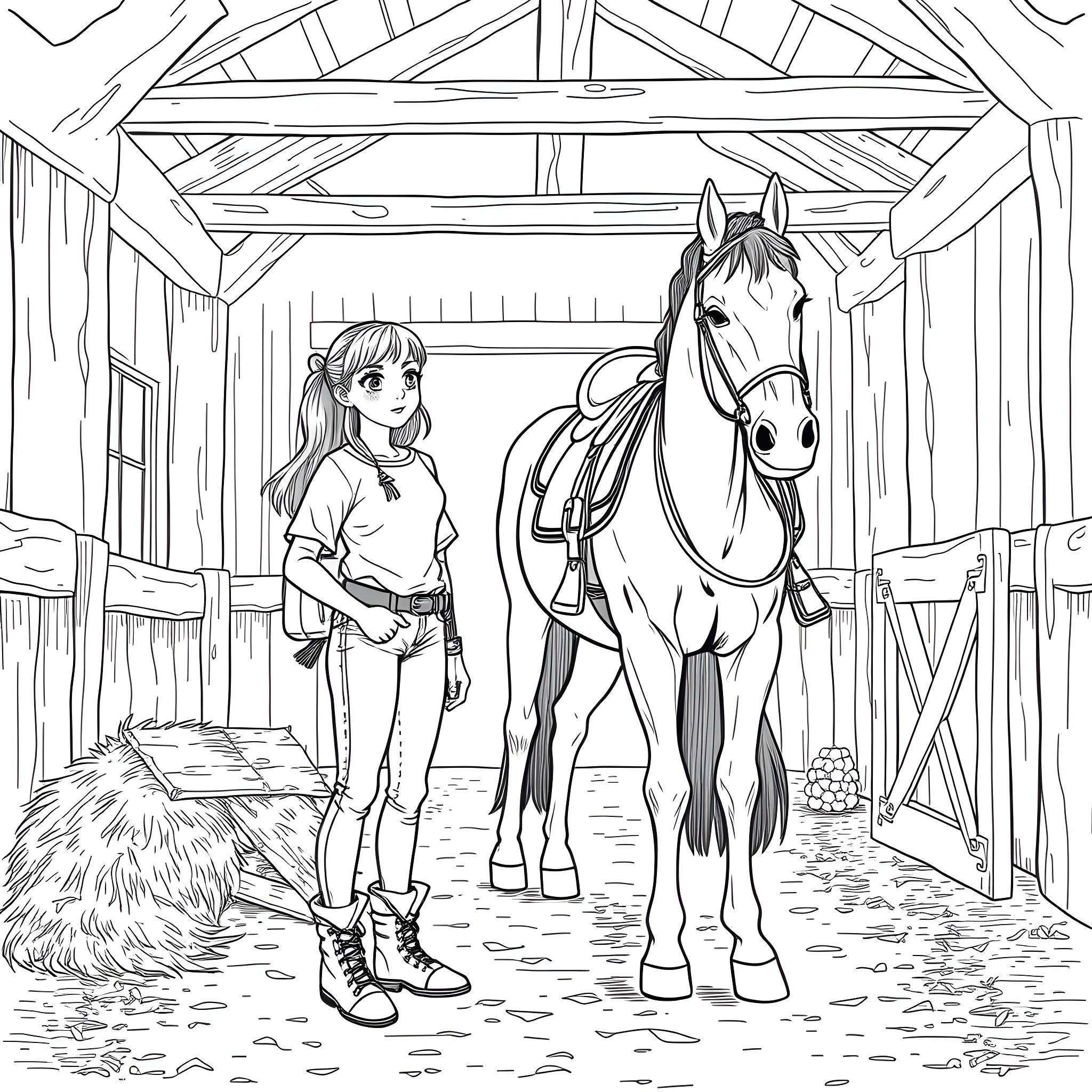 Girl petting her horse in a barn Coloring Page (free black-and-white line drawing printable PDF for all, from beginners to advanced learners, including children, teens, adults, and seniors)