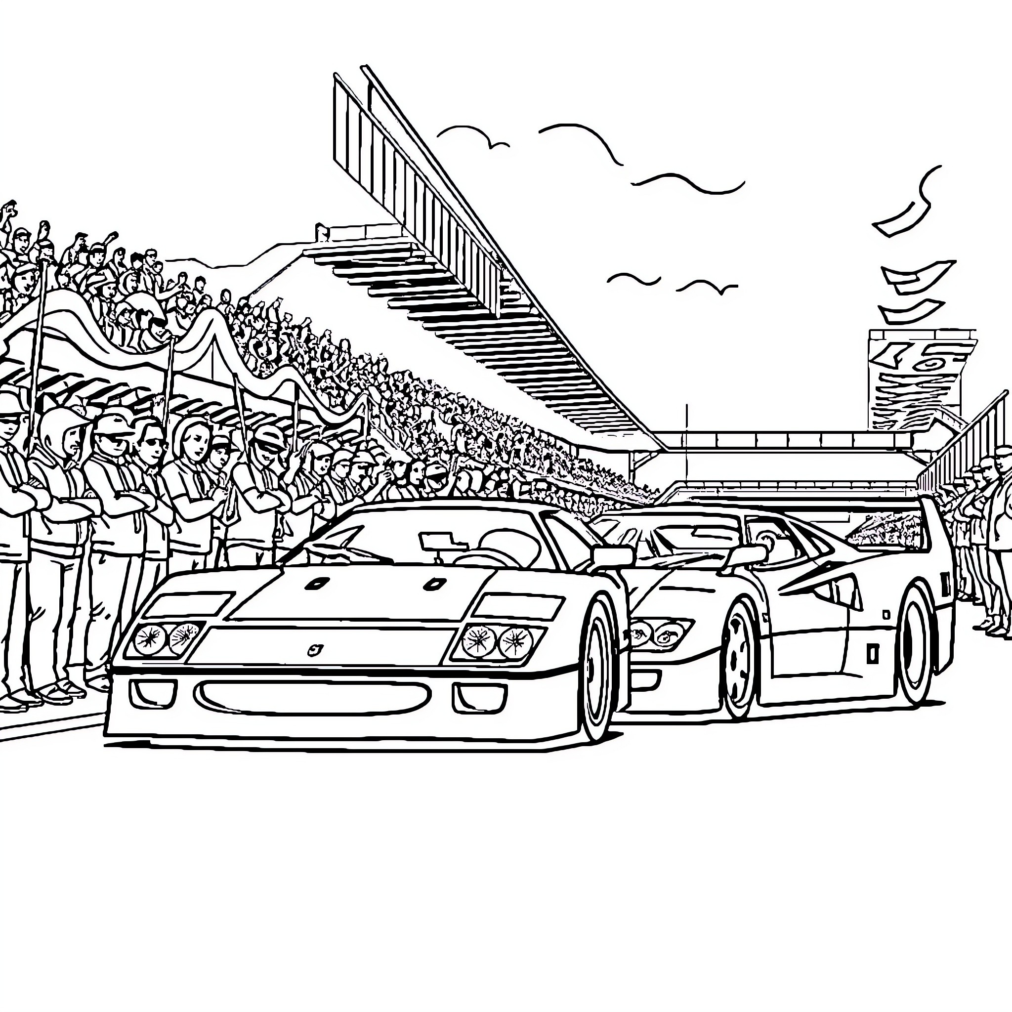 Car racing event with crowd cheering Coloring Page (free black-and-white line drawing printable PDF for all, from beginners to advanced learners, including children, teens, adults, and seniors)