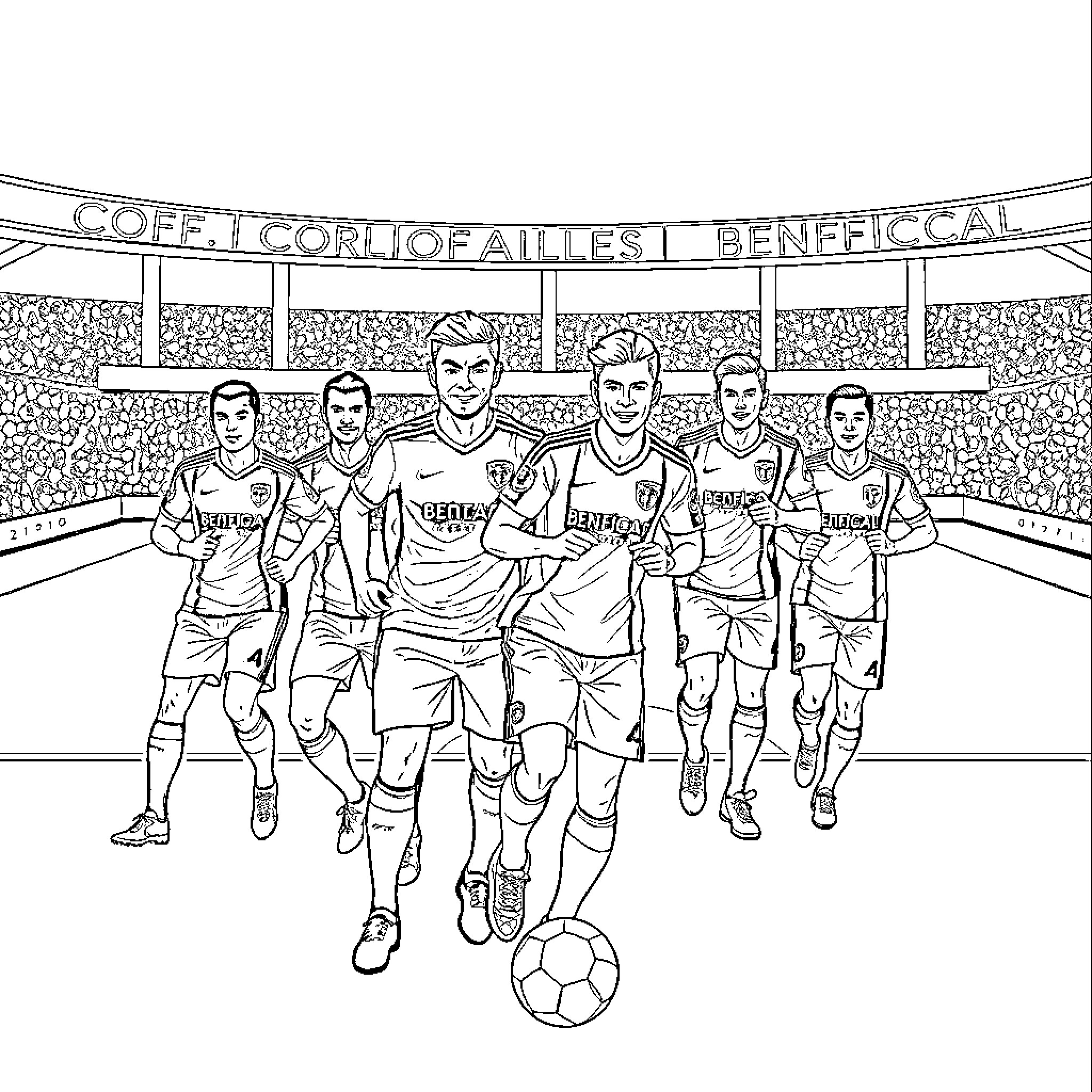 Benfica Players on the Field in Formation Coloring Page (free black-and-white line drawing printable PDF for all, from beginners to advanced learners, including children, teens, adults, and seniors)