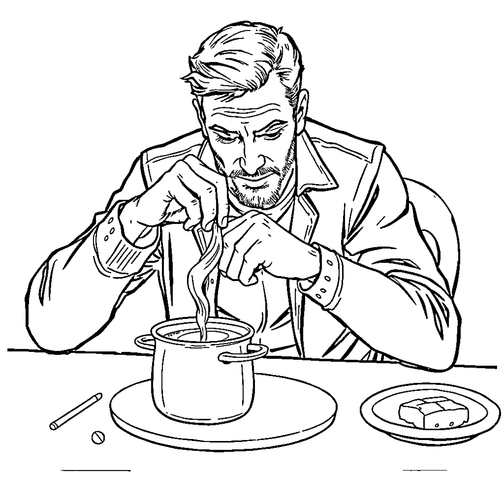 Hommes concentré en cuisine préparant un plat Coloring Page (free black-and-white line drawing printable PDF for all, from beginners to advanced learners, including children, teens, adults, and seniors)