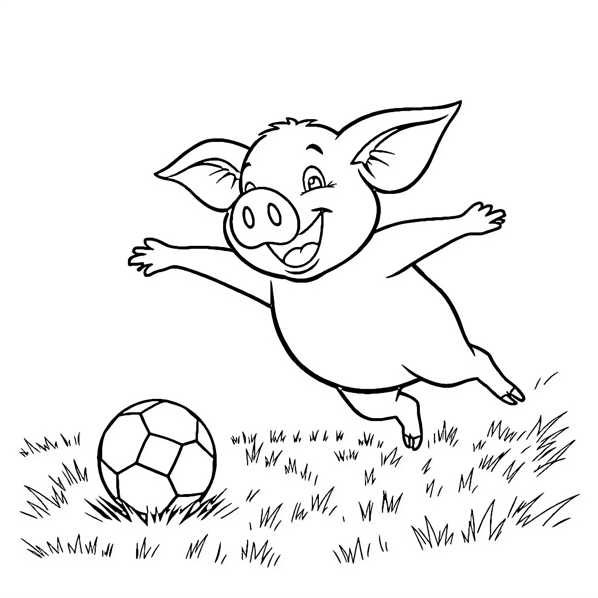 Pig playing joyfully with soccer ball in the field Coloring Page (free black-and-white line drawing printable PDF for all, from beginners to advanced learners, including children, teens, adults, and seniors)