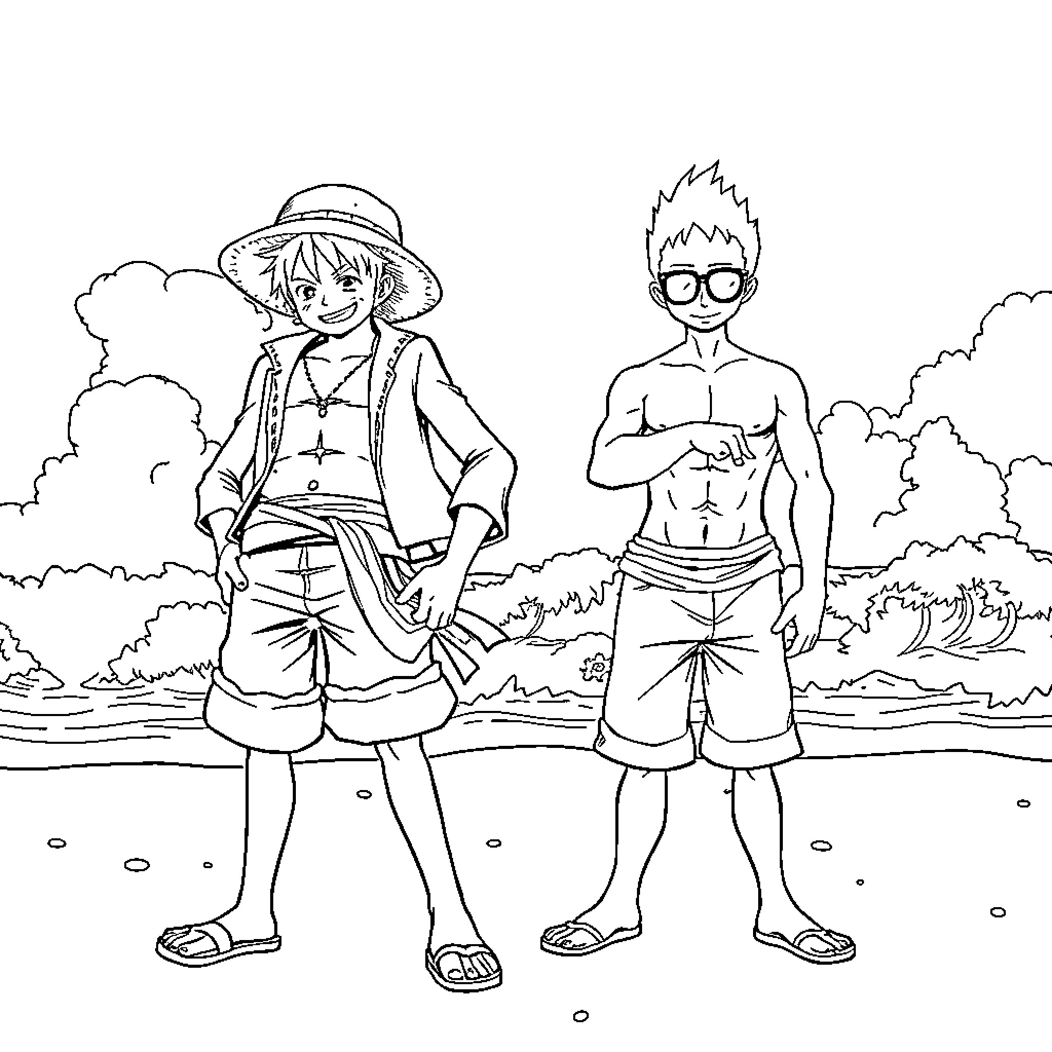 Luffy and Chopper exploring the beach Coloring Page (free black-and-white line drawing printable PDF for all, from beginners to advanced learners, including children, teens, adults, and seniors)