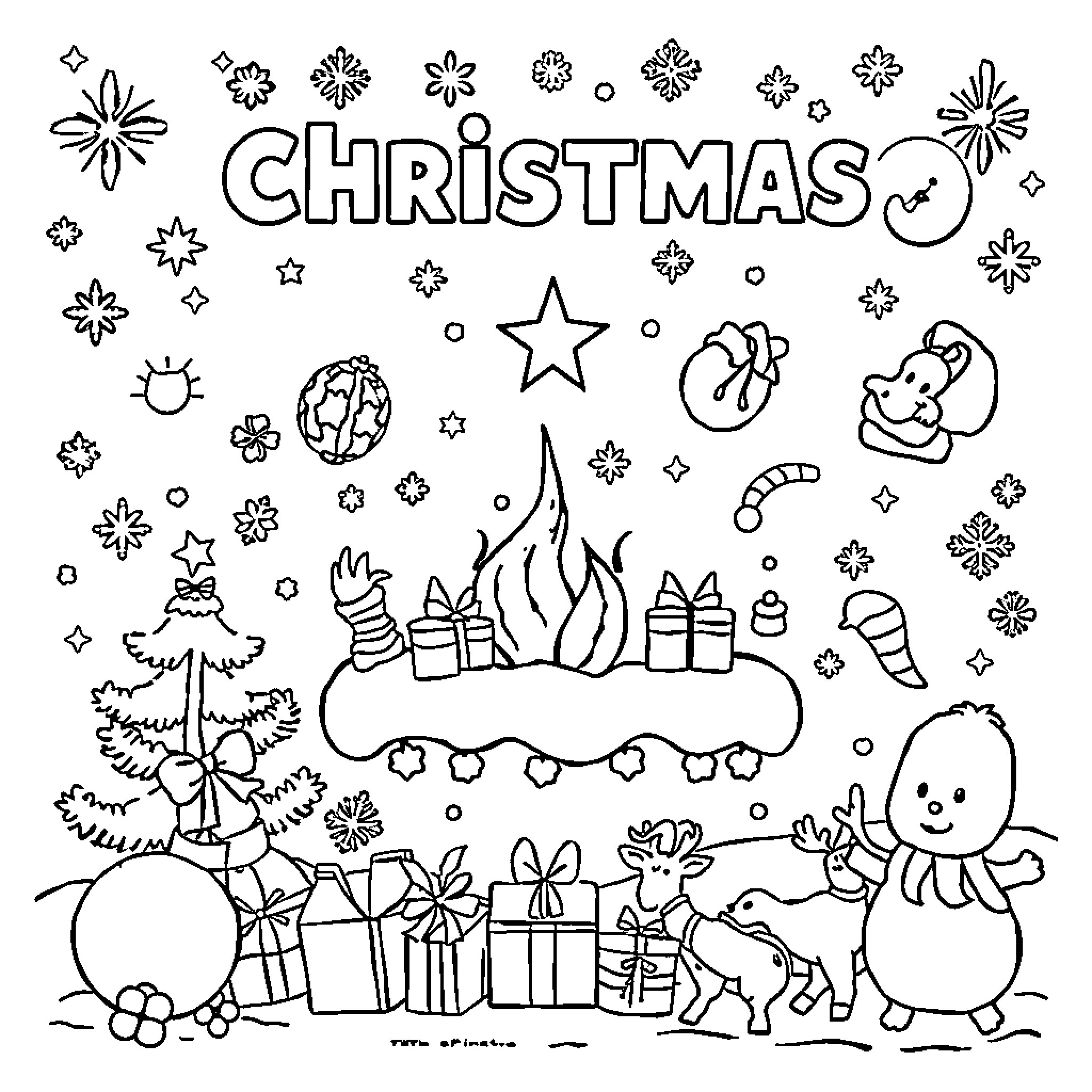 Christmas scene with festive decorations and characters Coloring Page (free black-and-white line drawing printable PDF for all, from beginners to advanced learners, including children, teens, adults, and seniors)