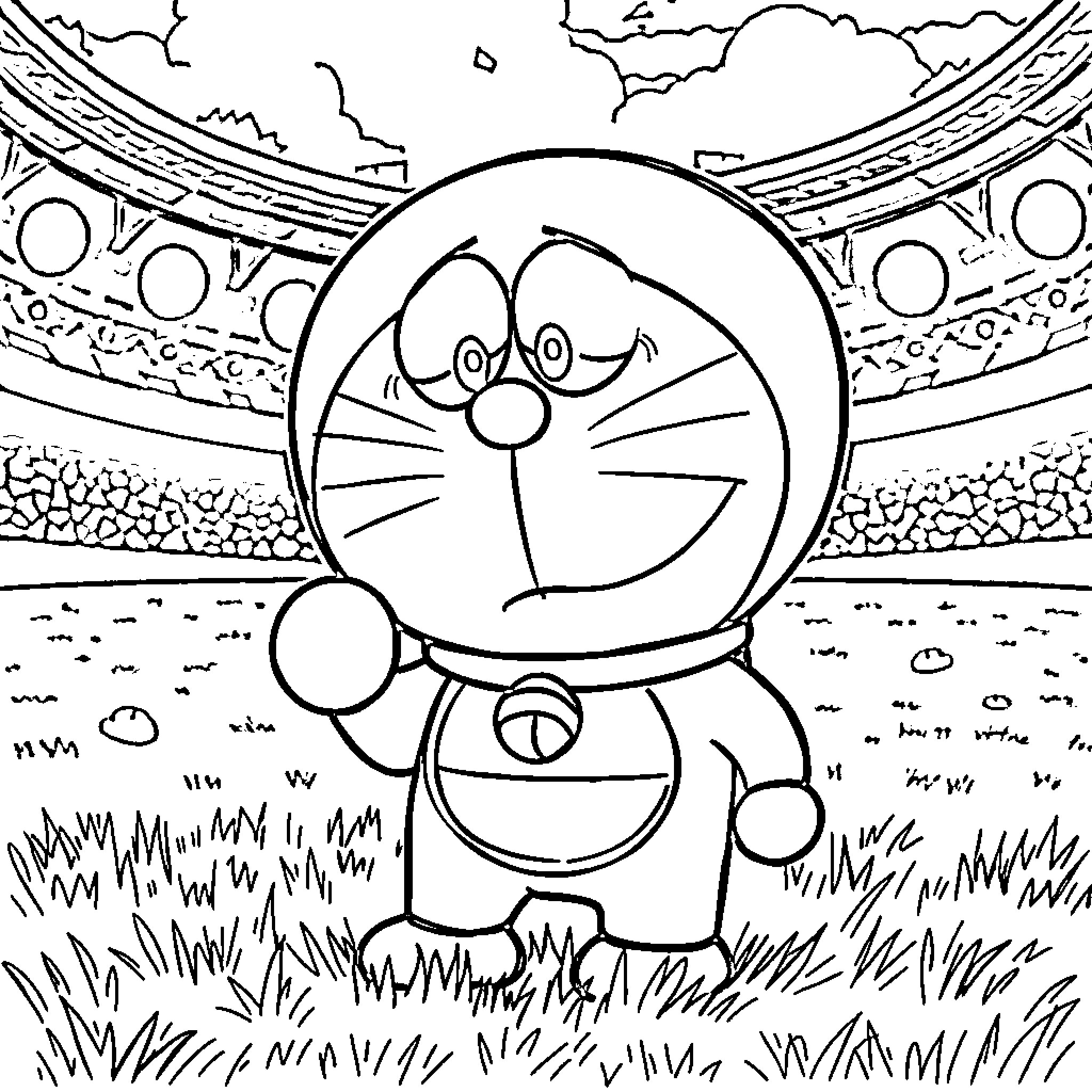 Doraemon exploring a whimsical landscape Coloring Page (free black-and-white line drawing printable PDF for all, from beginners to advanced learners, including children, teens, adults, and seniors)