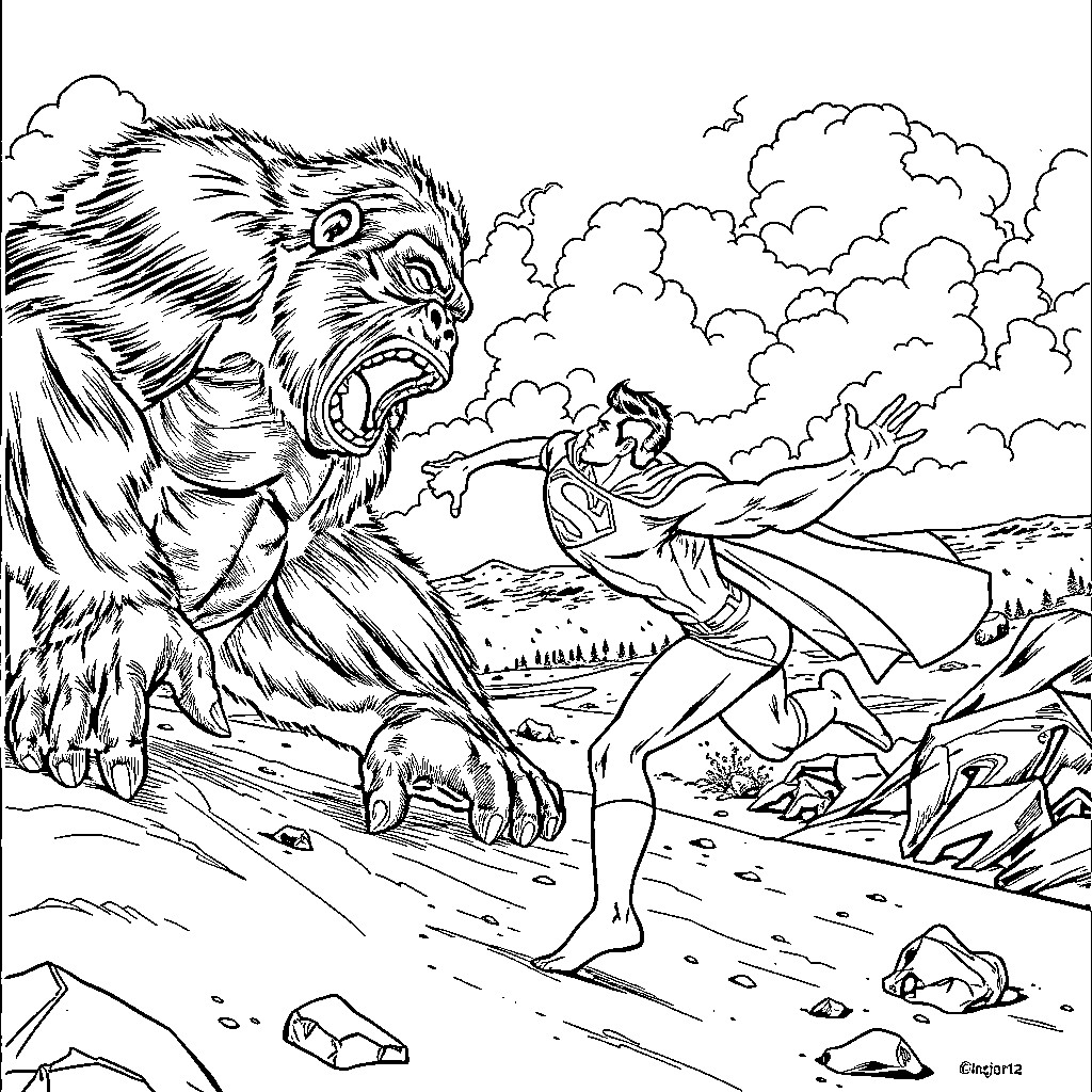 Superman battling a ferocious beast in the cloudy skies Coloring Page (free black-and-white line drawing printable PDF for all, from beginners to advanced learners, including children, teens, adults, and seniors)