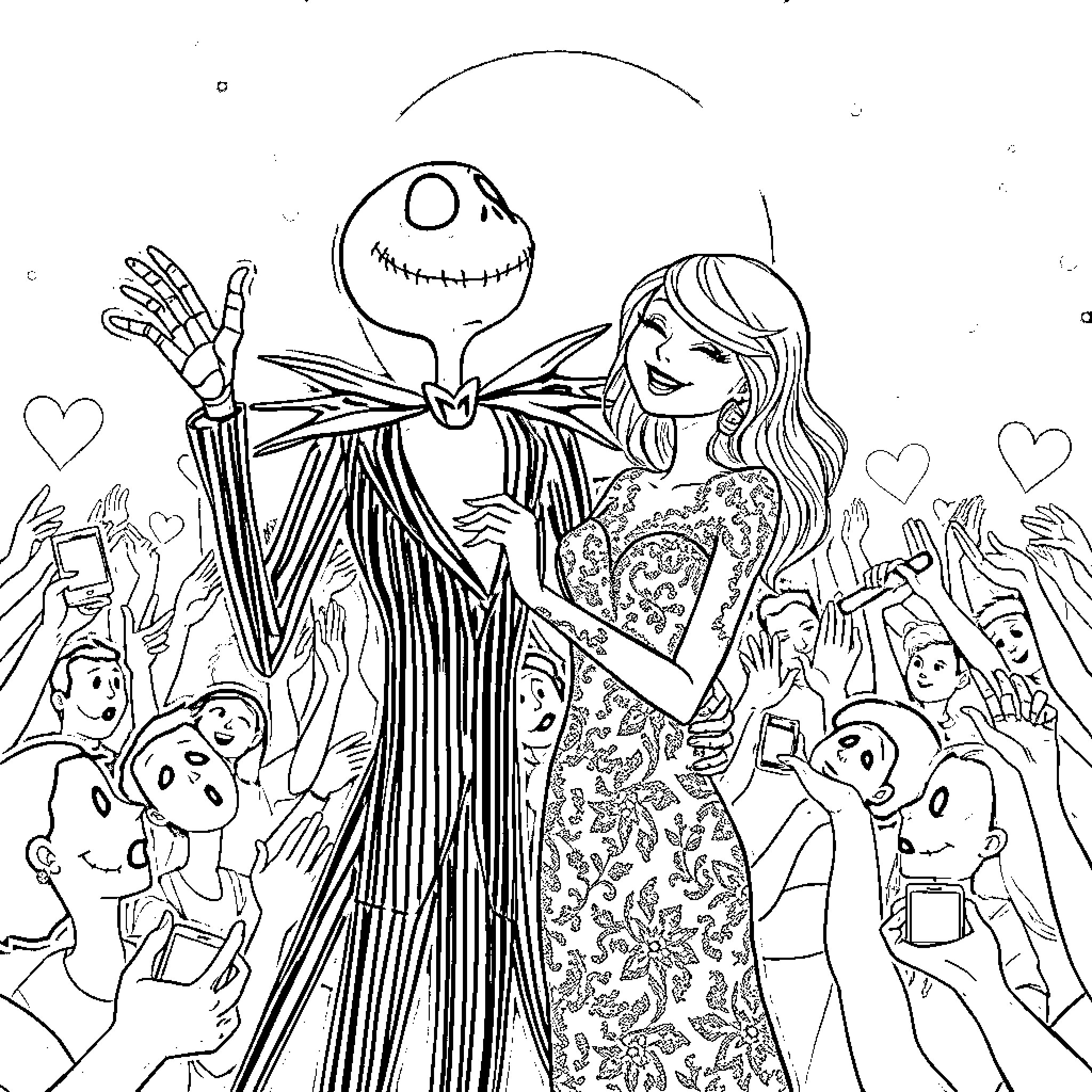 Jack Skellington surrounded by characters in a festive scene Coloring Page (free black-and-white line drawing printable PDF for all, from beginners to advanced learners, including children, teens, adults, and seniors)