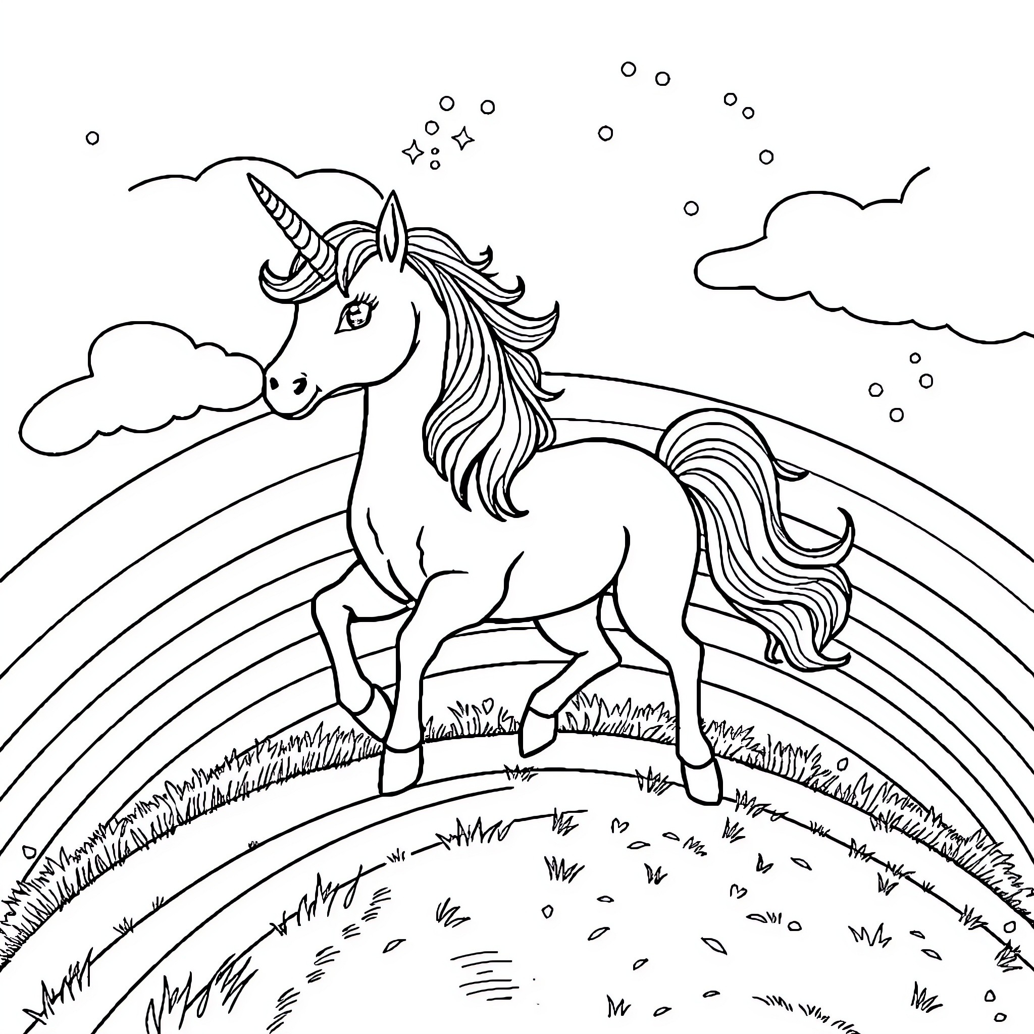 Unicorn standing majestically under a rainbow Coloring Page (free black-and-white line drawing printable PDF for all, from beginners to advanced learners, including children, teens, adults, and seniors)
