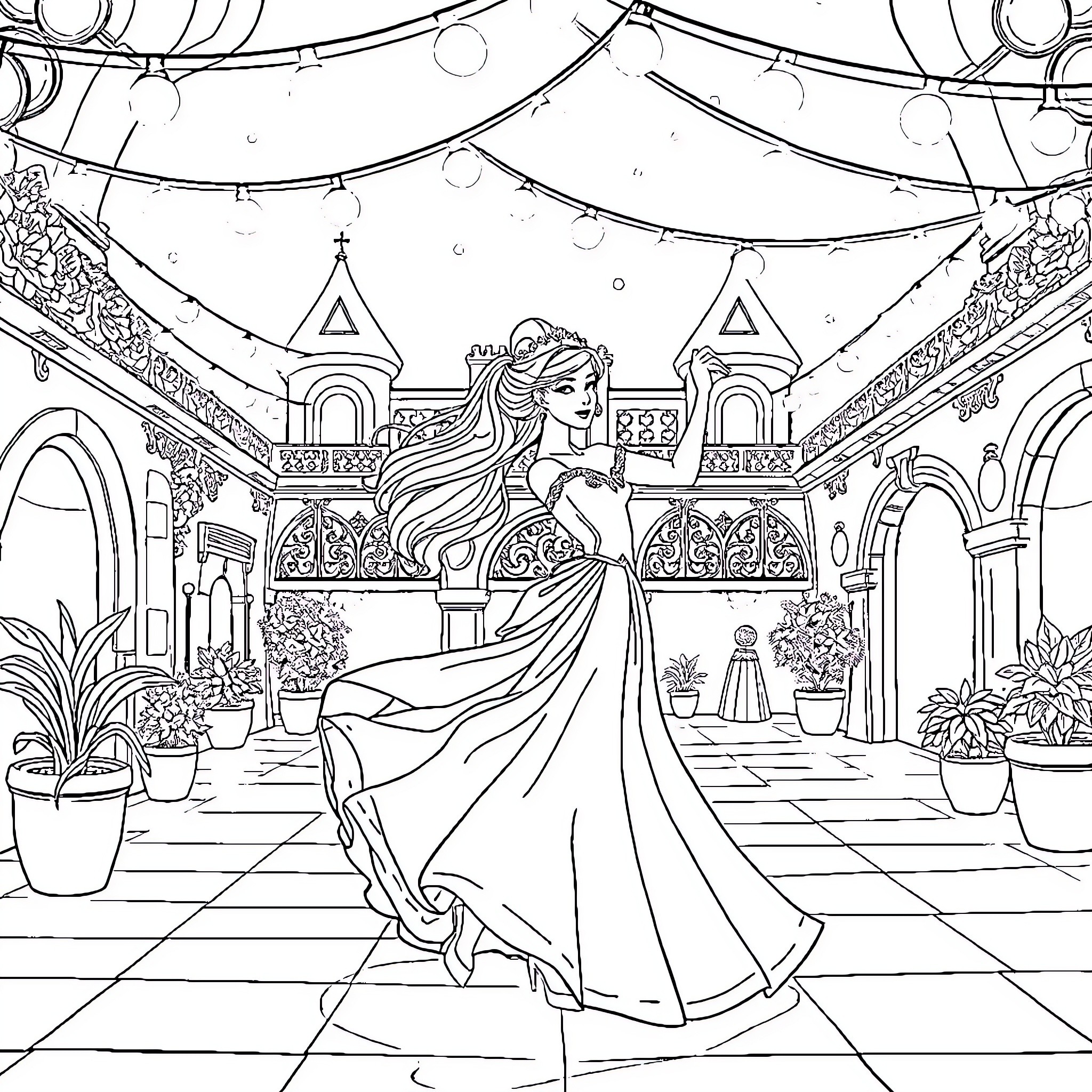 Princess in a Magnificent Palace Coloring Page (free black-and-white line drawing printable PDF for all, from beginners to advanced learners, including children, teens, adults, and seniors)