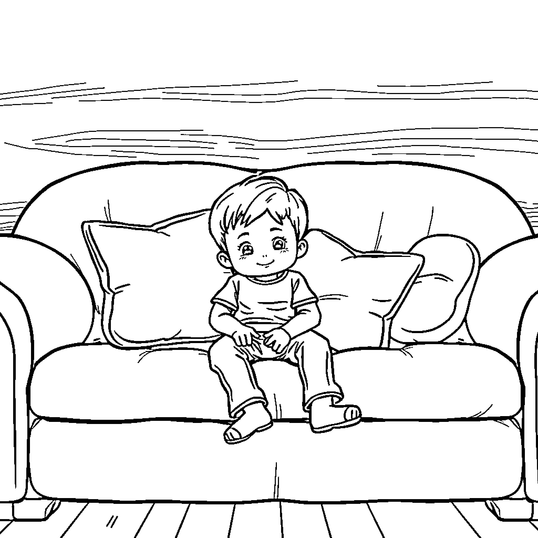 Boy relaxing comfortably on the couch Coloring Page (free black-and-white line drawing printable PDF for all, from beginners to advanced learners, including children, teens, adults, and seniors)