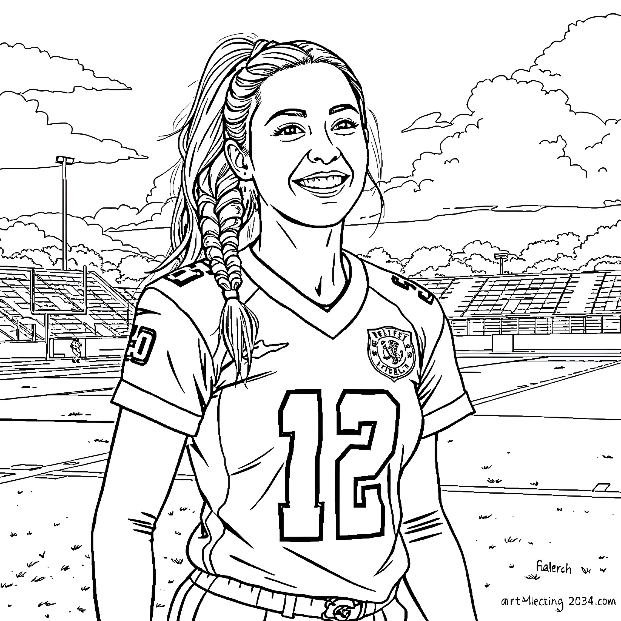 Leah Williamson smiling confidently on the sports field Coloring Page (free black-and-white line drawing printable PDF for all, from beginners to advanced learners, including children, teens, adults, and seniors)