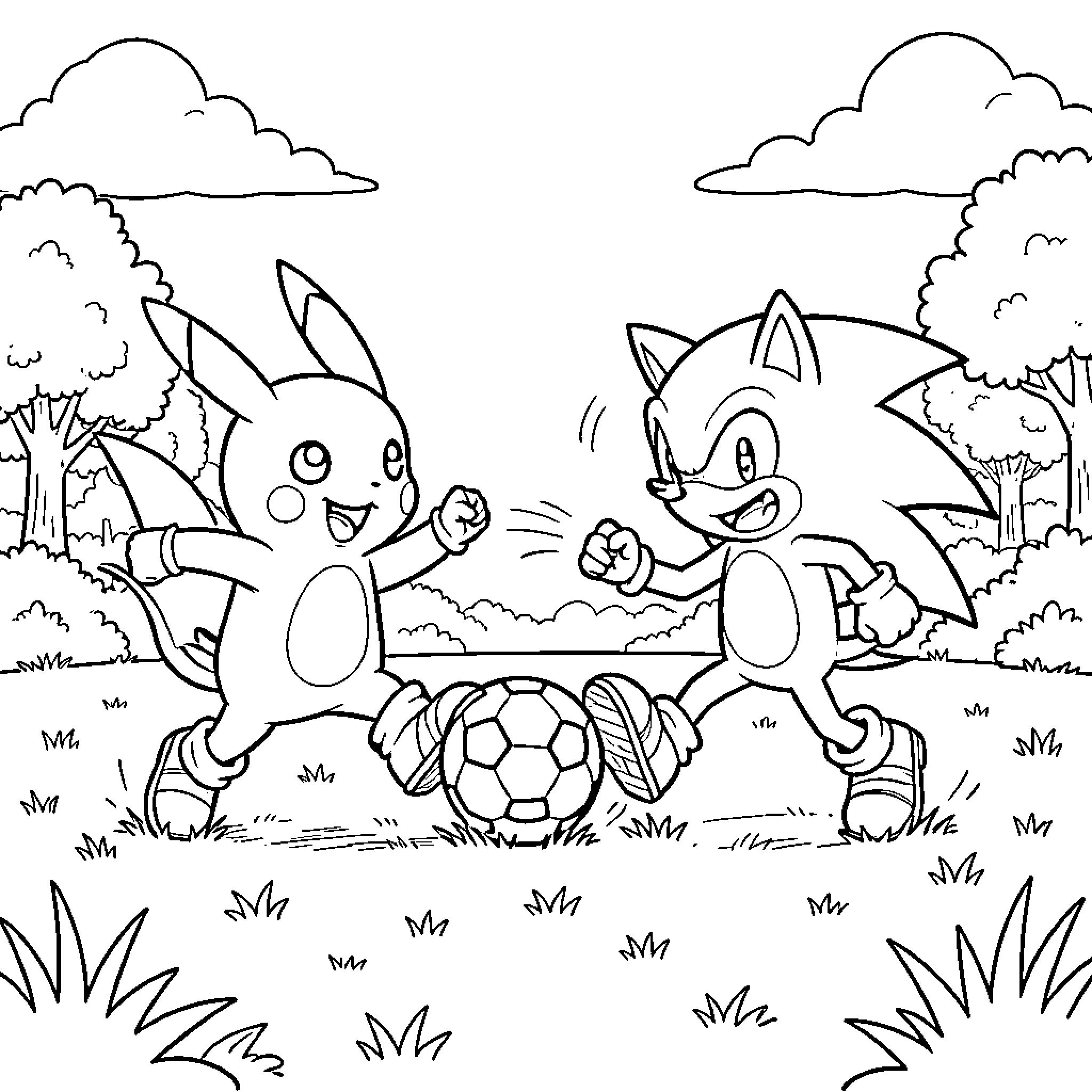 Pikachu playing soccer with Sonic in a field Coloring Page (free black-and-white line drawing printable PDF for all, from beginners to advanced learners, including children, teens, adults, and seniors)