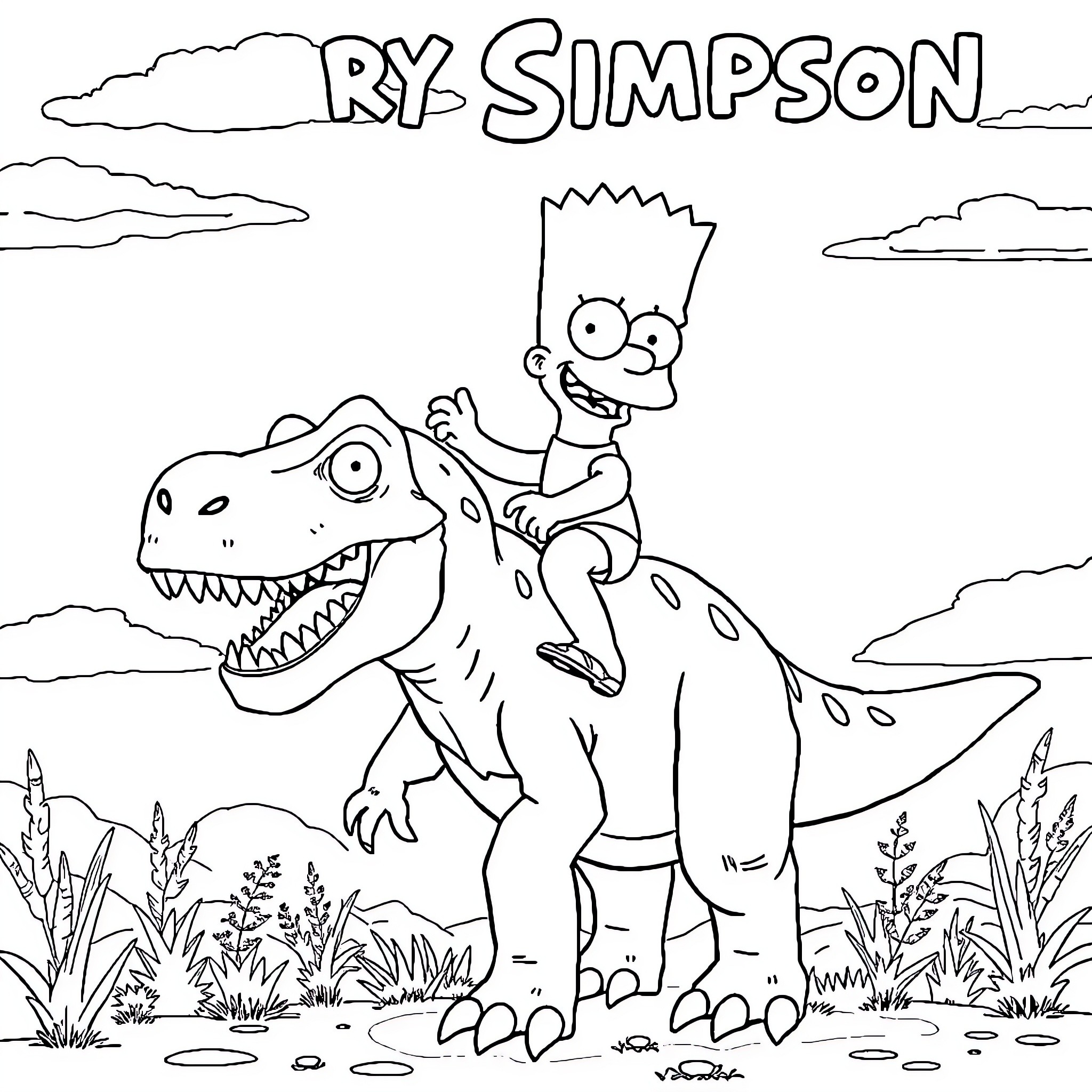 Bart Simpson riding a dinosaur in the wild Coloring Page (free black-and-white line drawing printable PDF for all, from beginners to advanced learners, including children, teens, adults, and seniors)