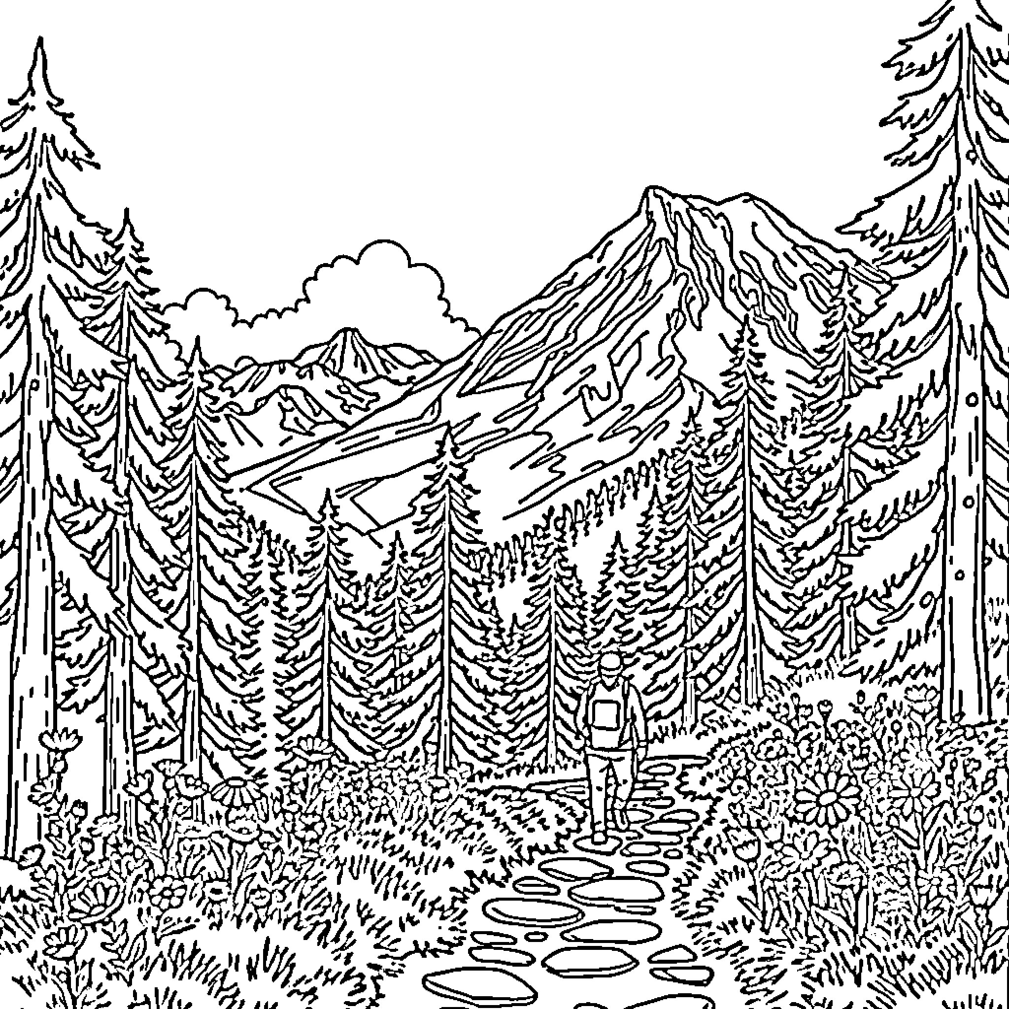 Hiking through the majestic mountain landscape Coloring Page (free black-and-white line drawing printable PDF for all, from beginners to advanced learners, including children, teens, adults, and seniors)