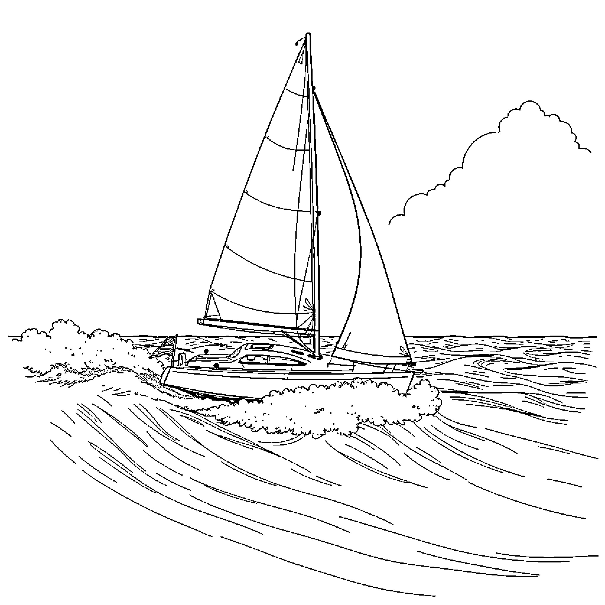 Sailboat sailing across the waves Coloring Page (free black-and-white line drawing printable PDF for all, from beginners to advanced learners, including children, teens, adults, and seniors)