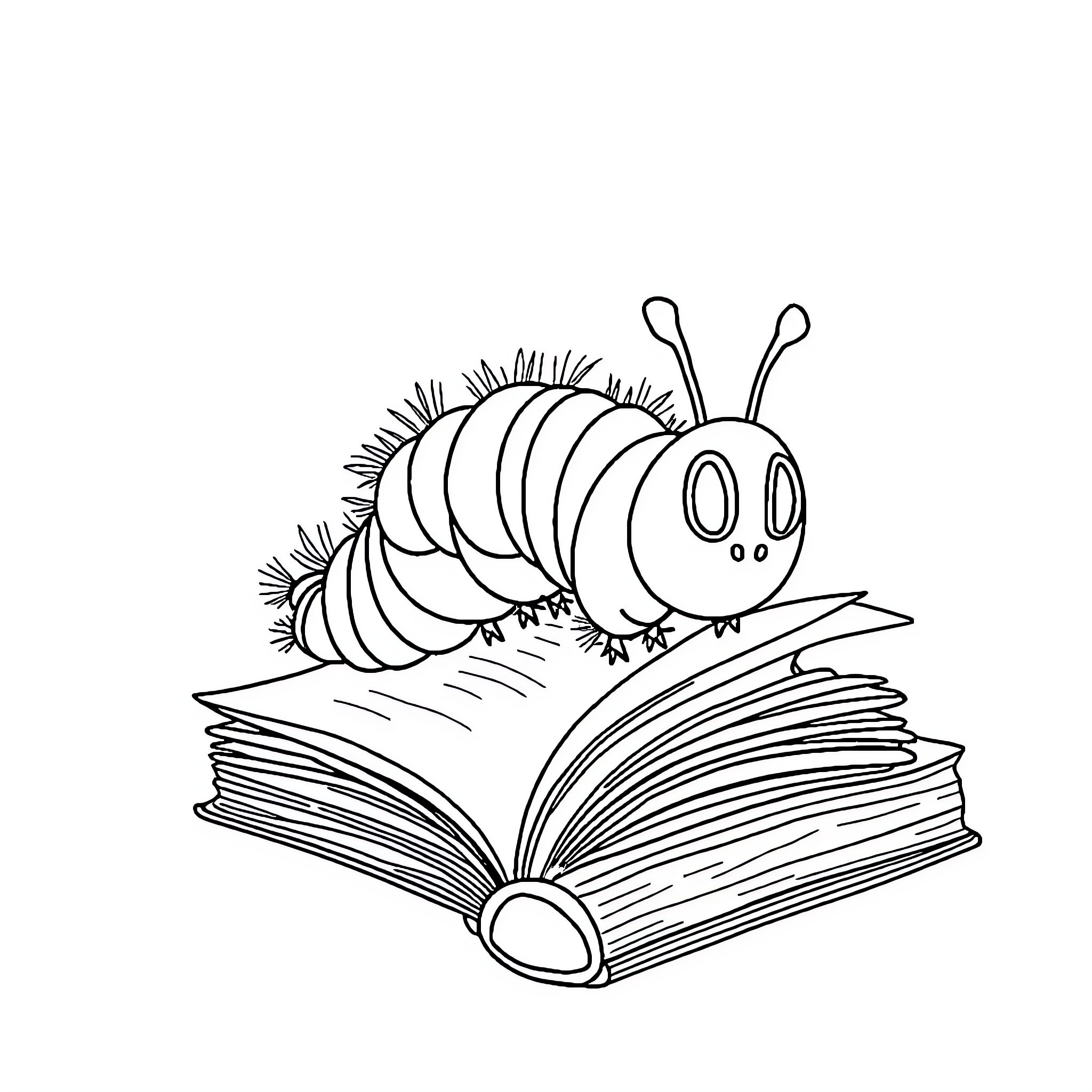 Caterpillar reading storybook on the page Coloring Page (free black-and-white line drawing printable PDF for all, from beginners to advanced learners, including children, teens, adults, and seniors)