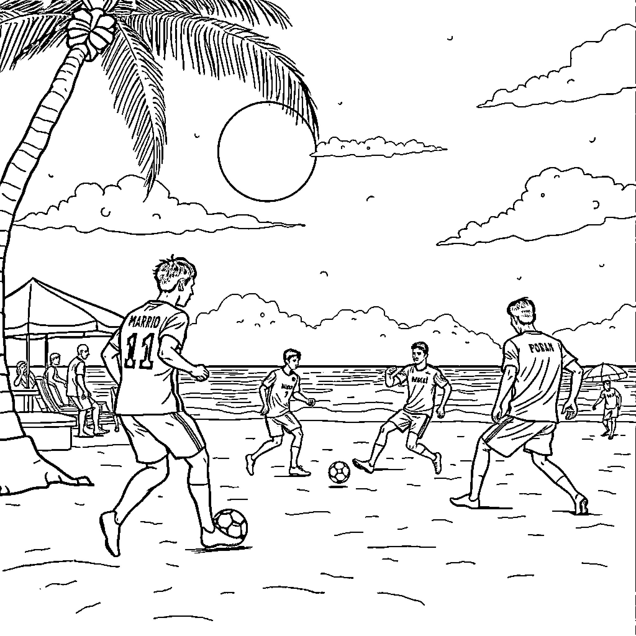 Real Madrid Players Playing Football on Beach Coloring Page (free black-and-white line drawing printable PDF for all, from beginners to advanced learners, including children, teens, adults, and seniors)