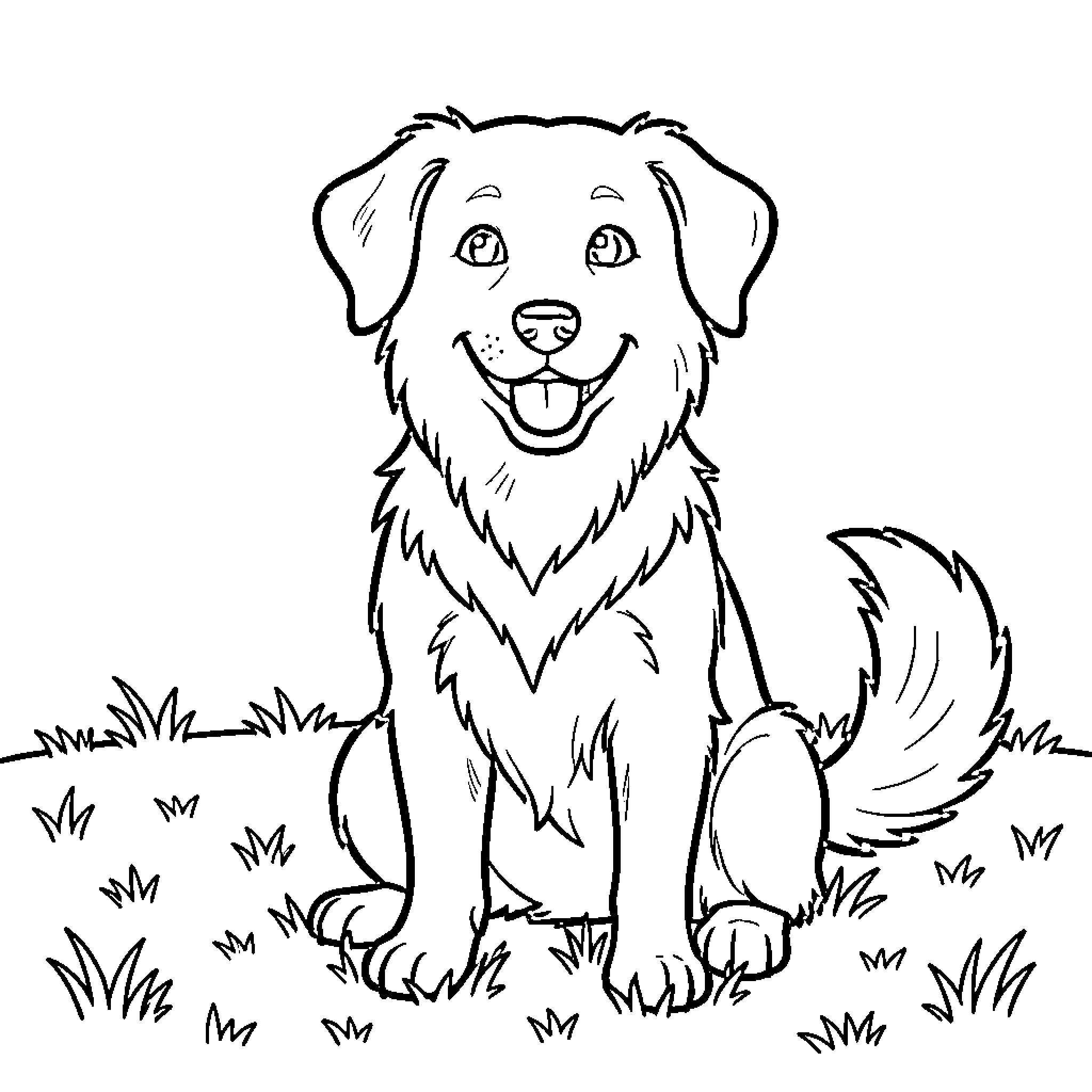 Dog sitting happily in the grass Coloring Page (free black-and-white line drawing printable PDF for all, from beginners to advanced learners, including children, teens, adults, and seniors)
