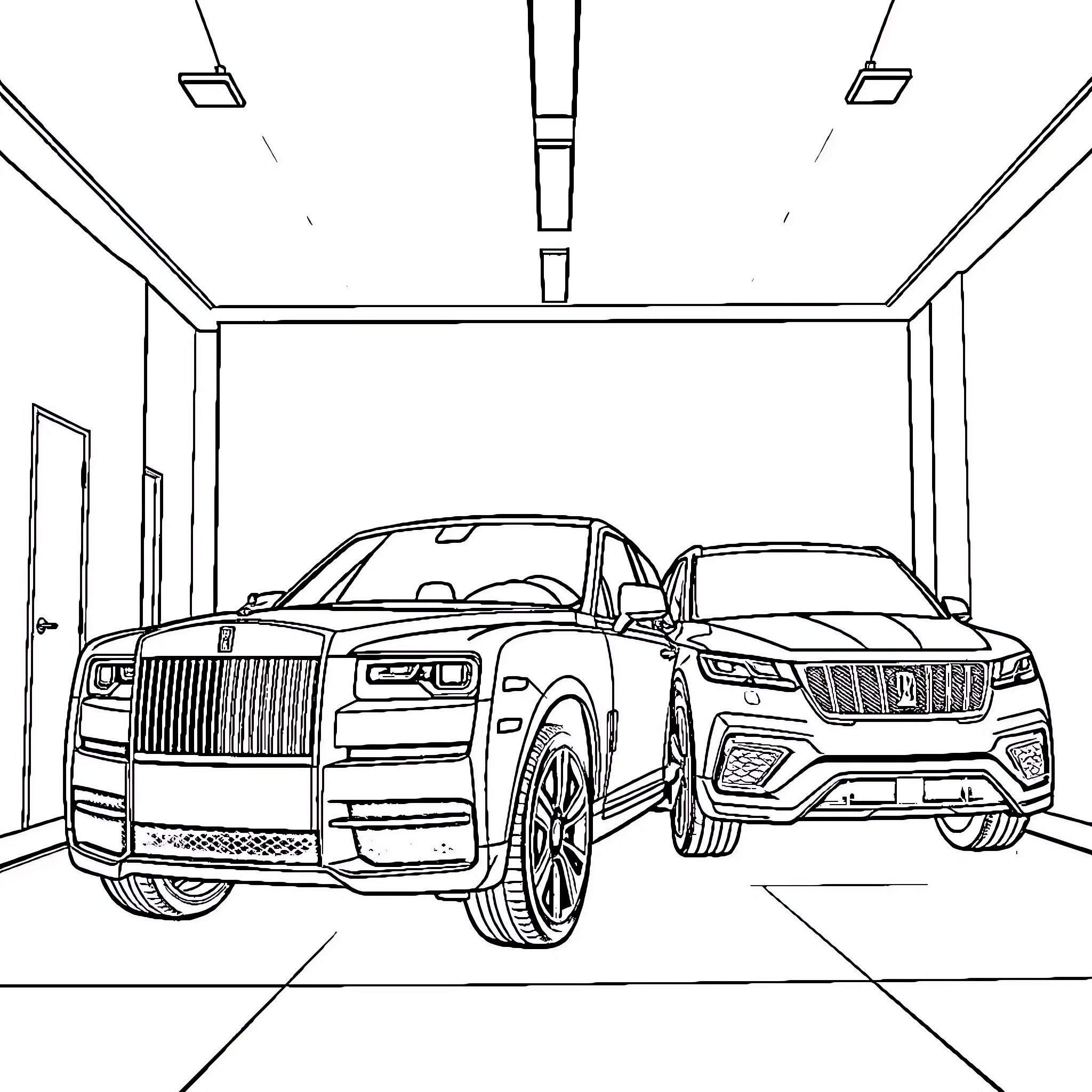 Car showroom with luxury vehicles on display Coloring Page (free black-and-white line drawing printable PDF for all, from beginners to advanced learners, including children, teens, adults, and seniors)