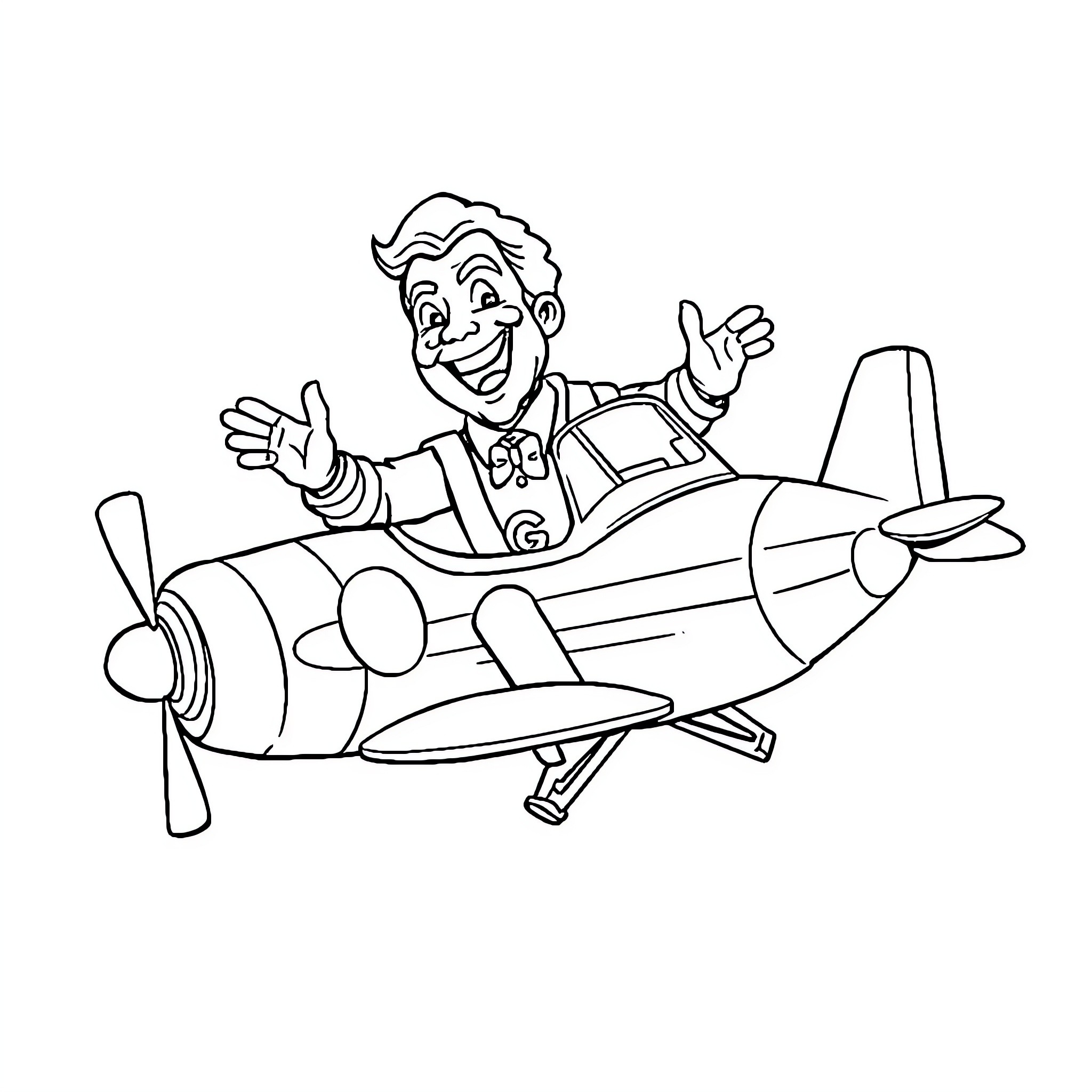 Burger King employee piloting a cartoon airplane Coloring Page (free black-and-white line drawing printable PDF for all, from beginners to advanced learners, including children, teens, adults, and seniors)