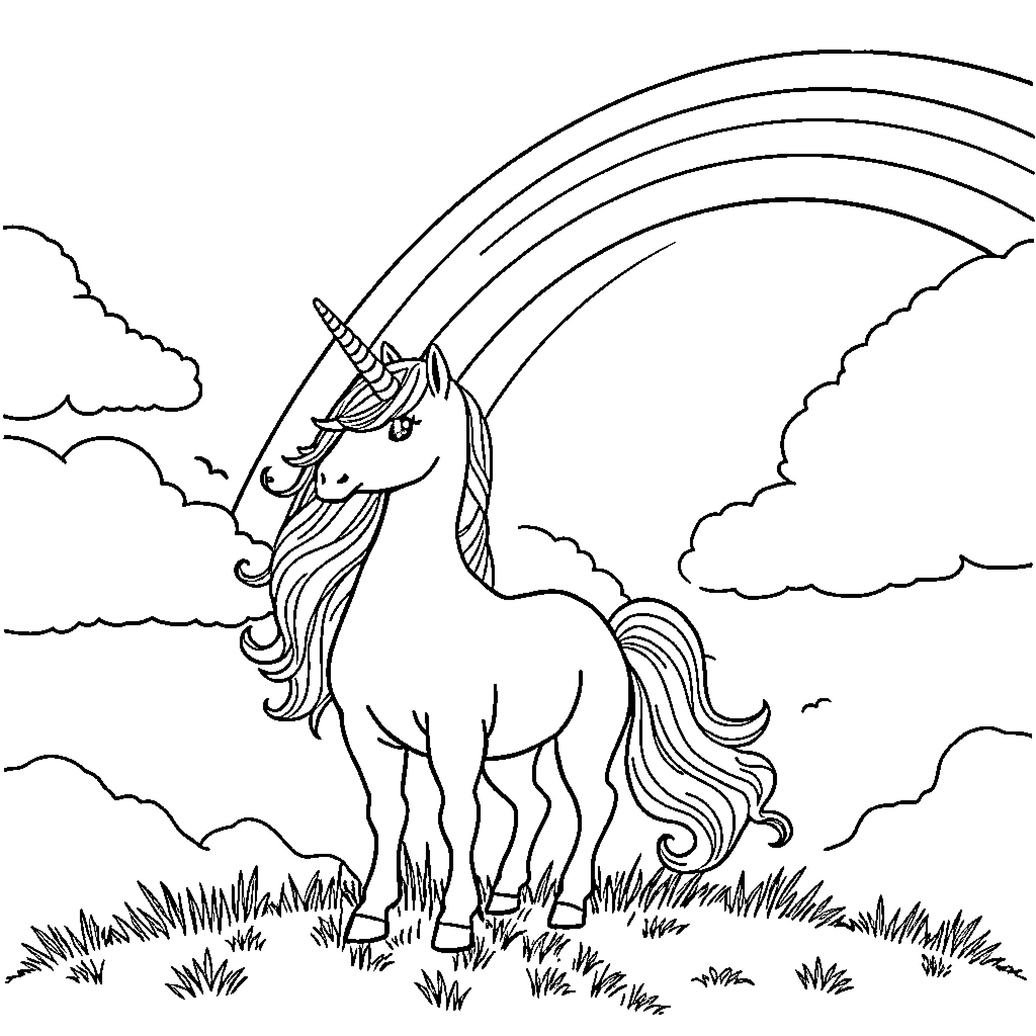 Unicorn standing majestically under a rainbow Coloring Page (free black-and-white line drawing printable PDF for all, from beginners to advanced learners, including children, teens, adults, and seniors)