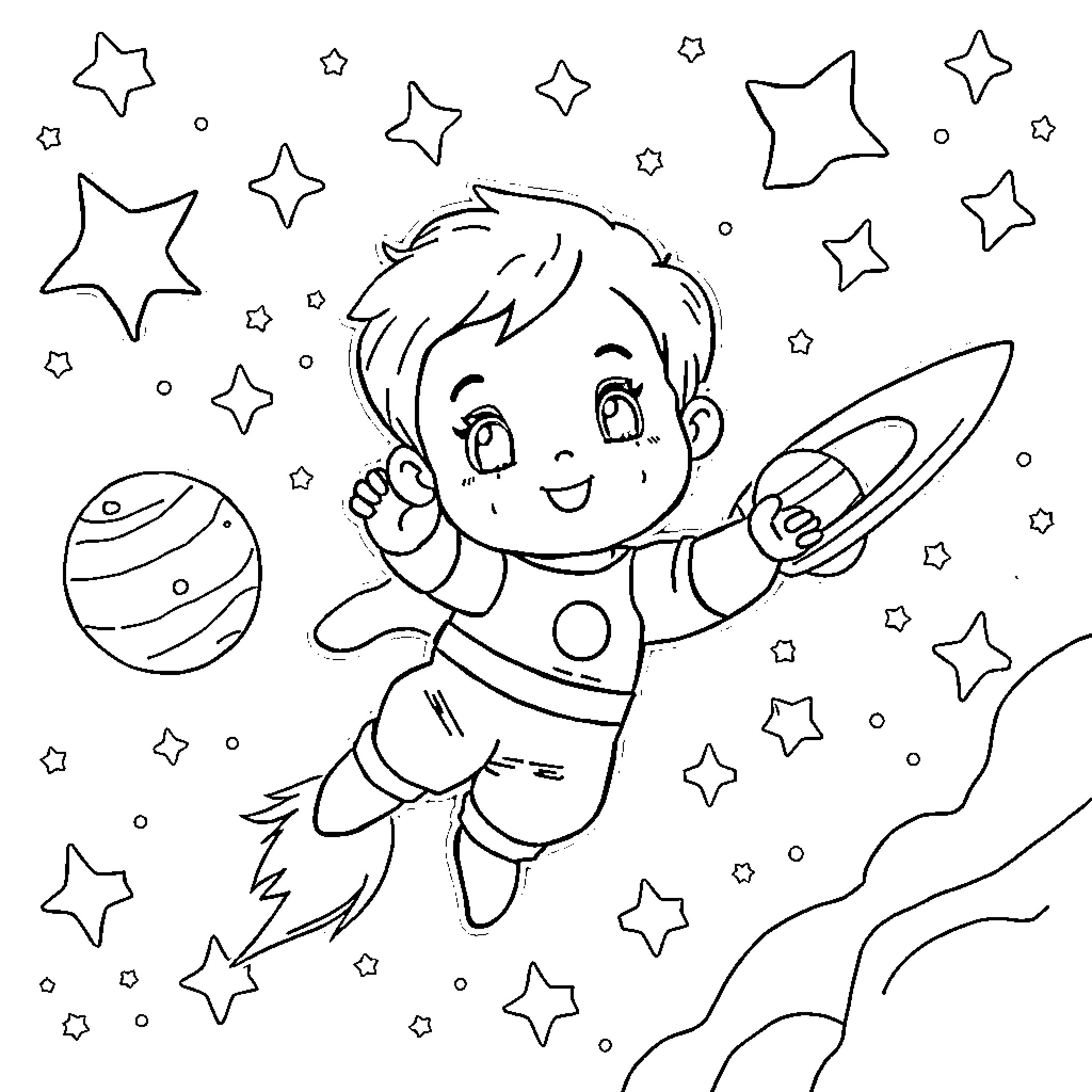 Baby exploring space with stars and rocket Coloring Page (free black-and-white line drawing printable PDF for all, from beginners to advanced learners, including children, teens, adults, and seniors)