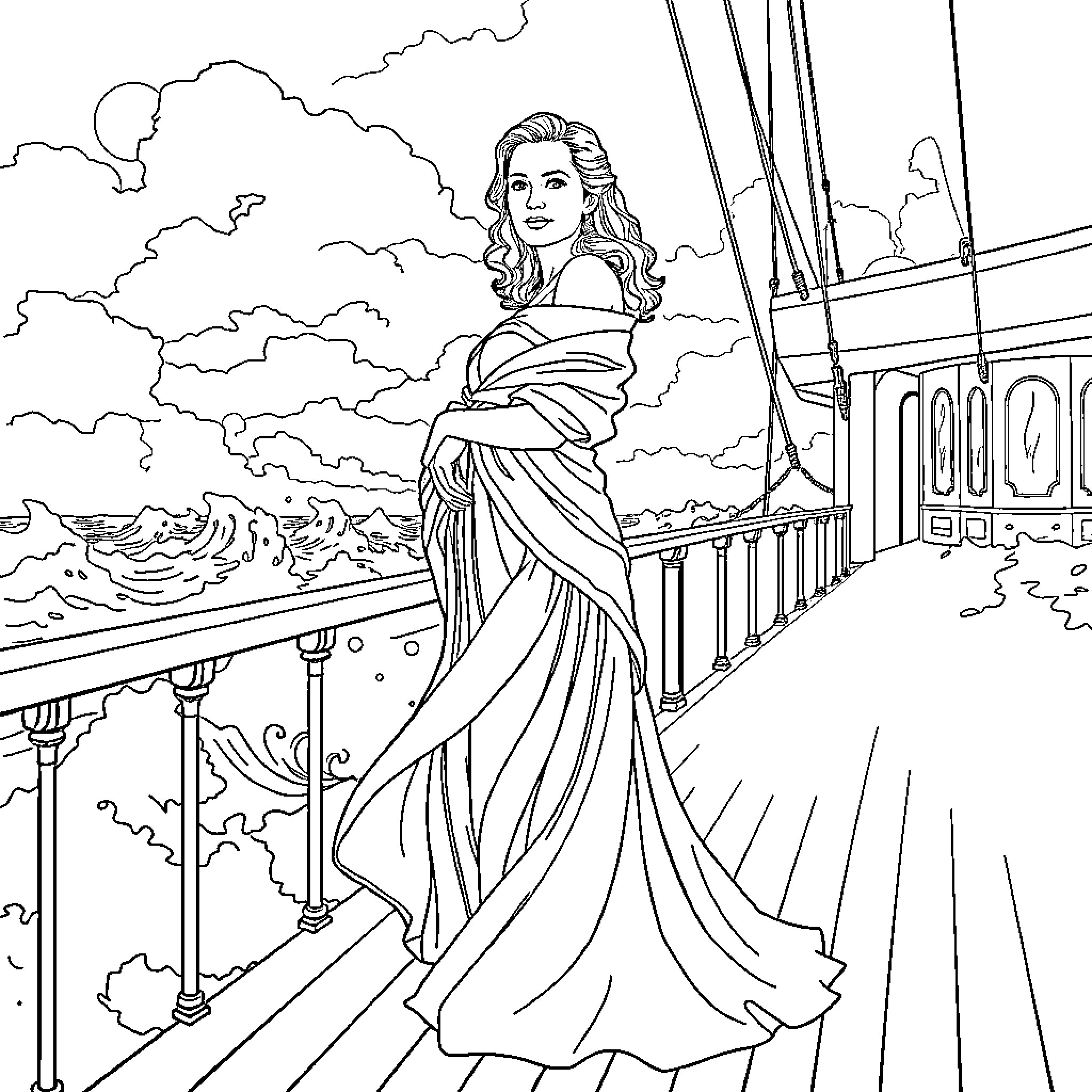 Kate Winslet as a graceful lady on a balcony Coloring Page (free black-and-white line drawing printable PDF for all, from beginners to advanced learners, including children, teens, adults, and seniors)