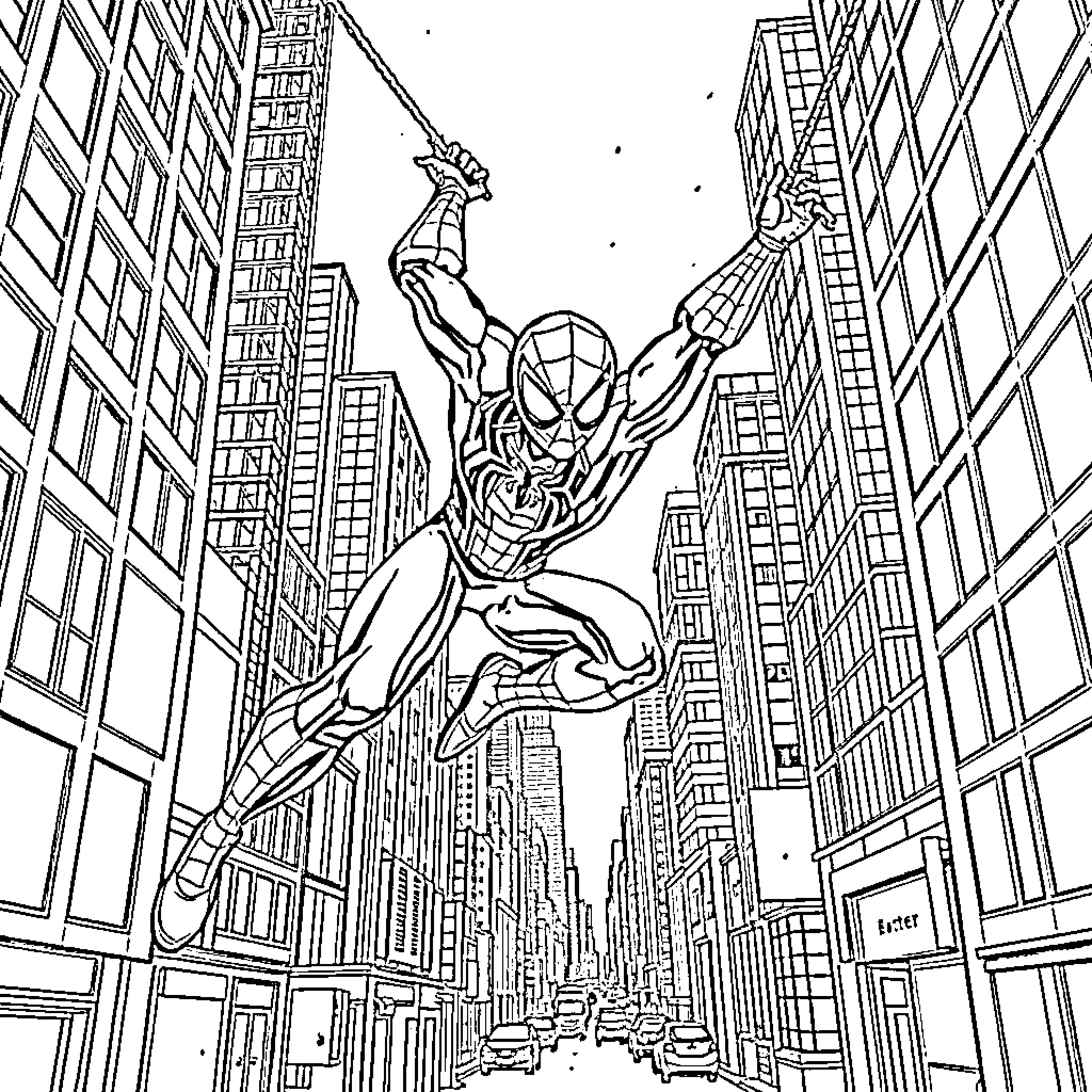 Spiderman swinging through the city skyline Coloring Page (free black-and-white line drawing printable PDF for all, from beginners to advanced learners, including children, teens, adults, and seniors)
